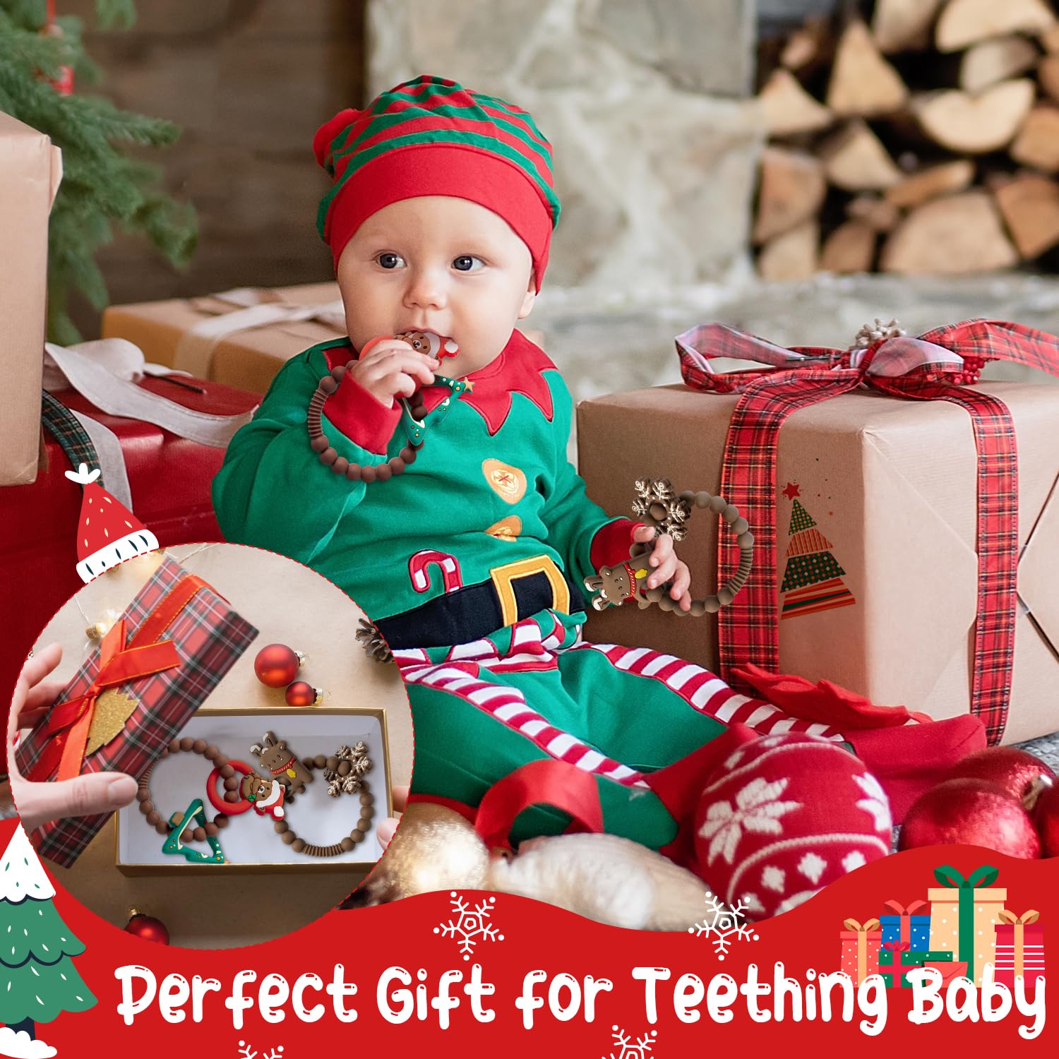 2Pcs Christmas Baby Silicone Teething Toys - Christmas Tree & Bear Teething Rings for Infants, Soft Chew Toys for Toddlers, Holiday Teethers for Boys & Girls | Perfect for Holiday Gifts, Baby Showers & First Christmas Celebrations