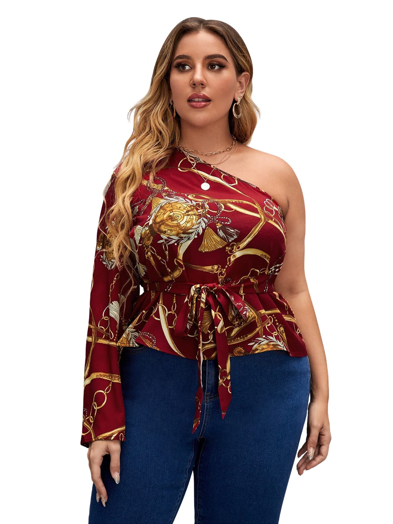 Floerns Women's Plus Size One Shoulder Chain Long Sleeve Belted Blouse Top - Elegant Party Wear & Office Outfit for Curvy Women