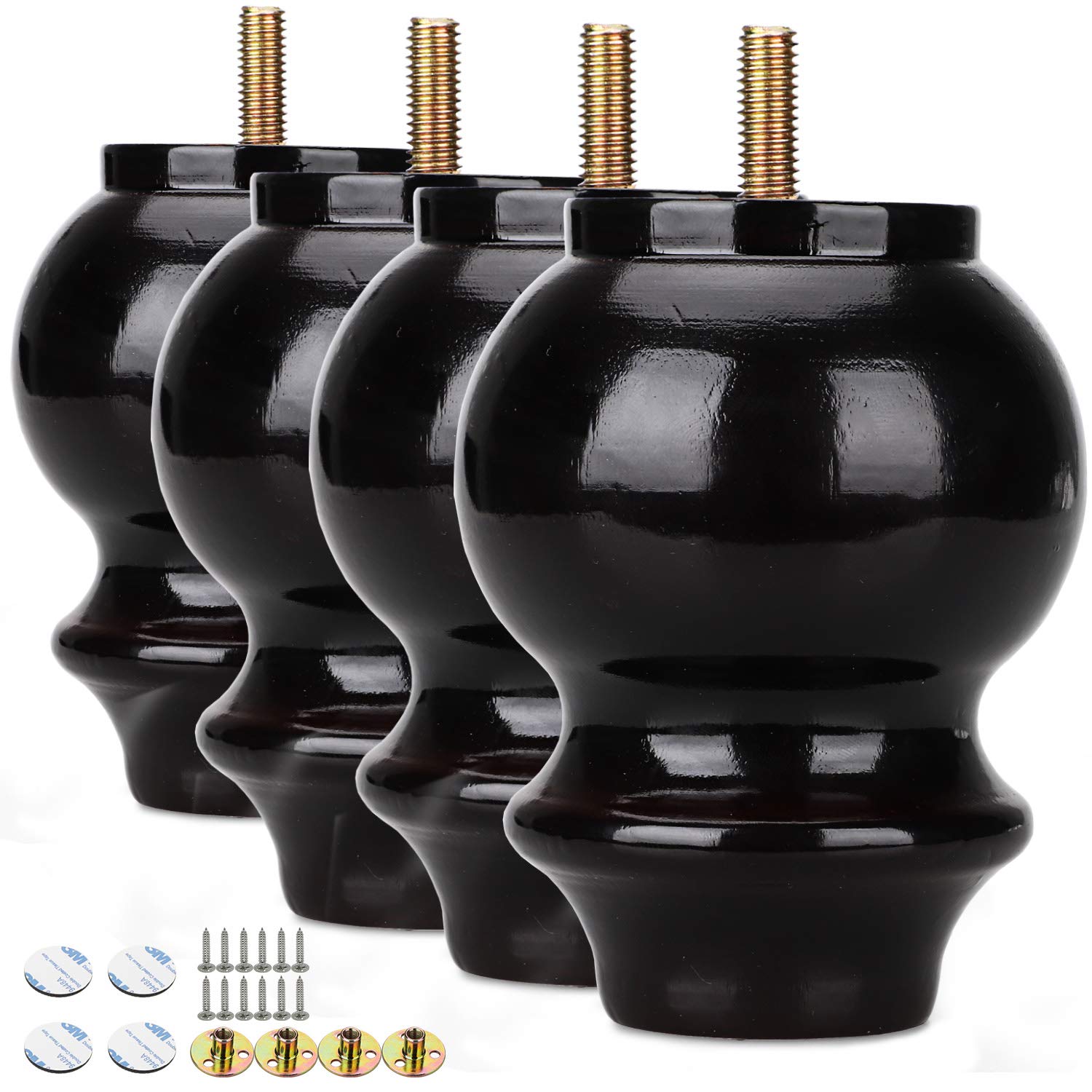 YUESUO 4 Inch Gourd Shape Furniture Legs Set of 4 - Solid Rubber Wood Sofa Legs, Chair Legs, Ottoman & Stool Legs in Dark Brown Finish - Perfect for Living Room, Bedroom & Home Office Furniture Upgrade