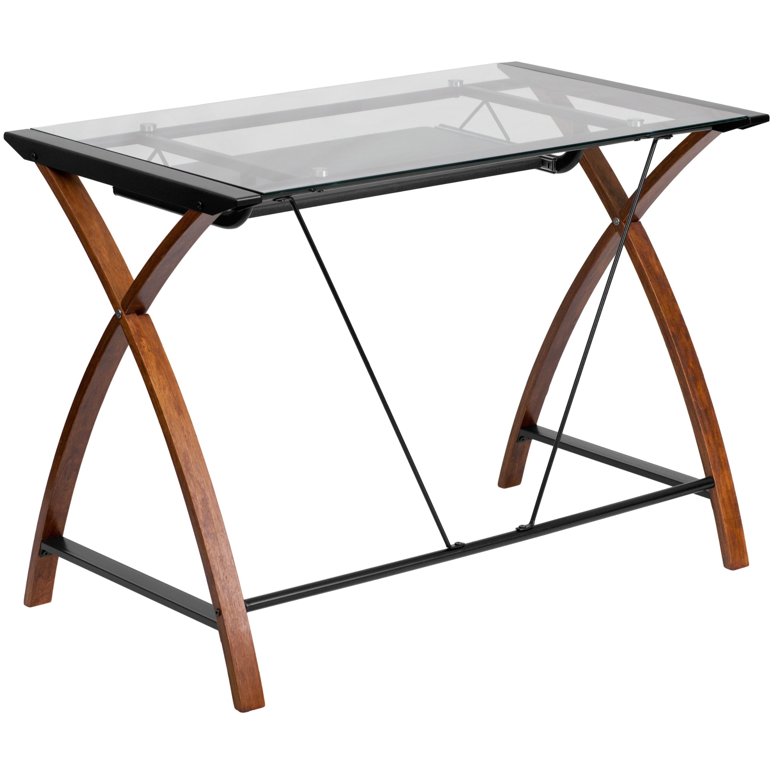 Flash Furniture Jude Tempered Glass Computer Desk with Pull-Out Keyboard Tray & Sturdy Crisscross Frame - Compact Home Office Desk in Cherry/Clear Finish - Perfect for Small Spaces, Gaming & Remote Work