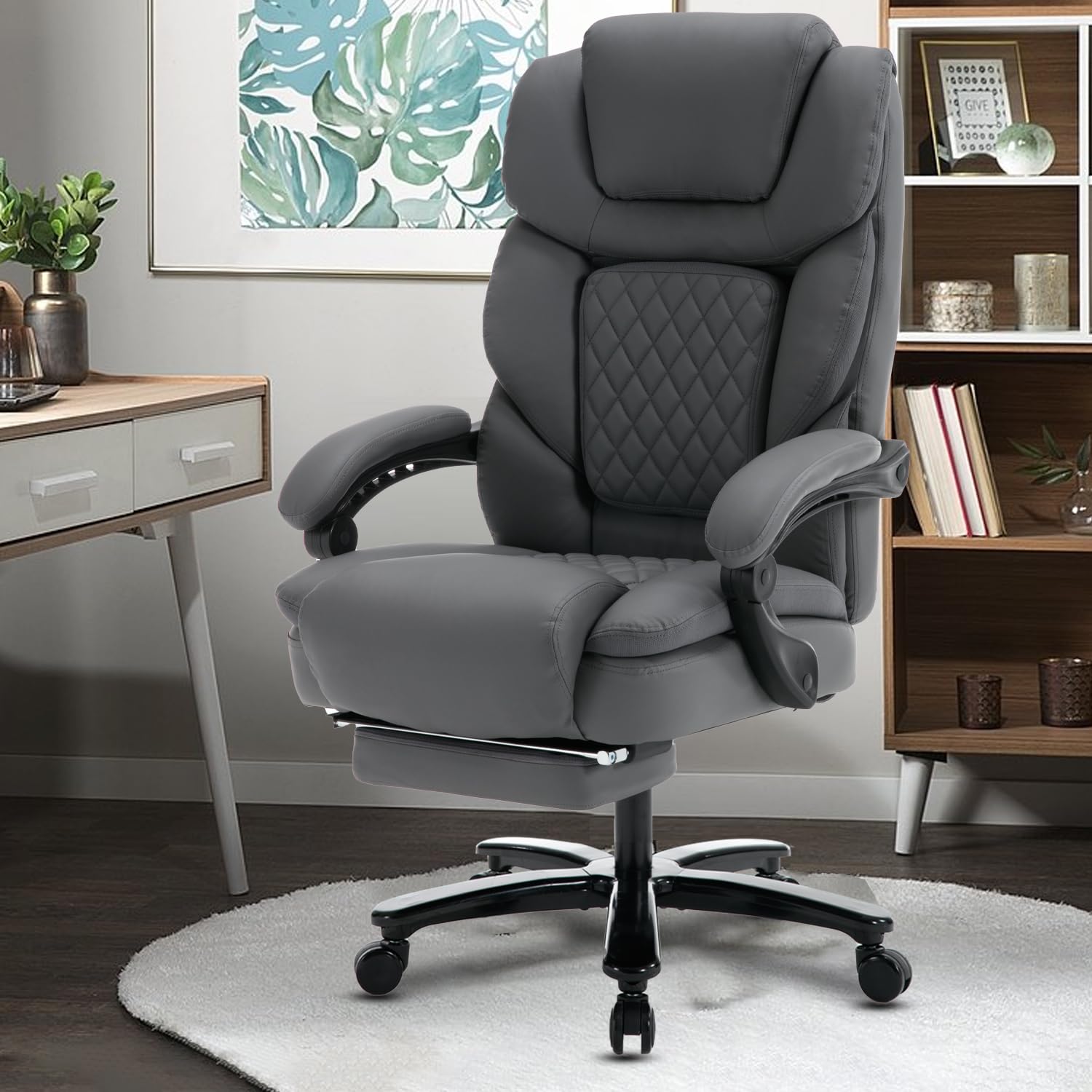 450lbs Heavy Duty Big & Tall Office Chair with Footrest - Ergonomic Reclining Leather Executive Desk Chair, Wide Seat for Back Support - Plus Size Managerial Chair in Gray - Perfect for Home Office, Gaming & Conference Rooms