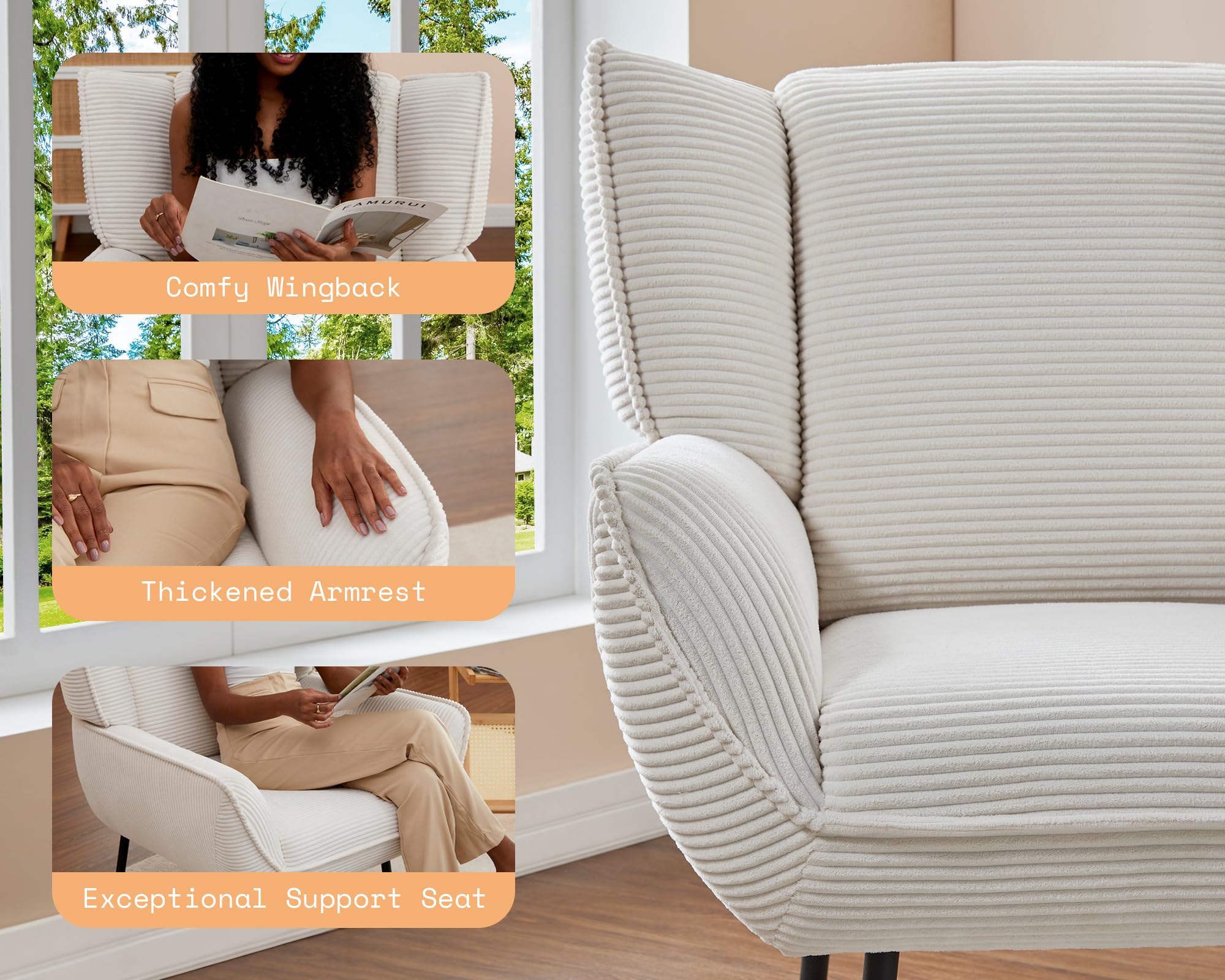 AMERLIFE Accent Chair - Upholstered Wingback Armchair for Living Room & Bedroom, Comfortable Corduroy Reading Chair in White | Perfect for Cozy Corners, Home Office & Relaxation Spaces