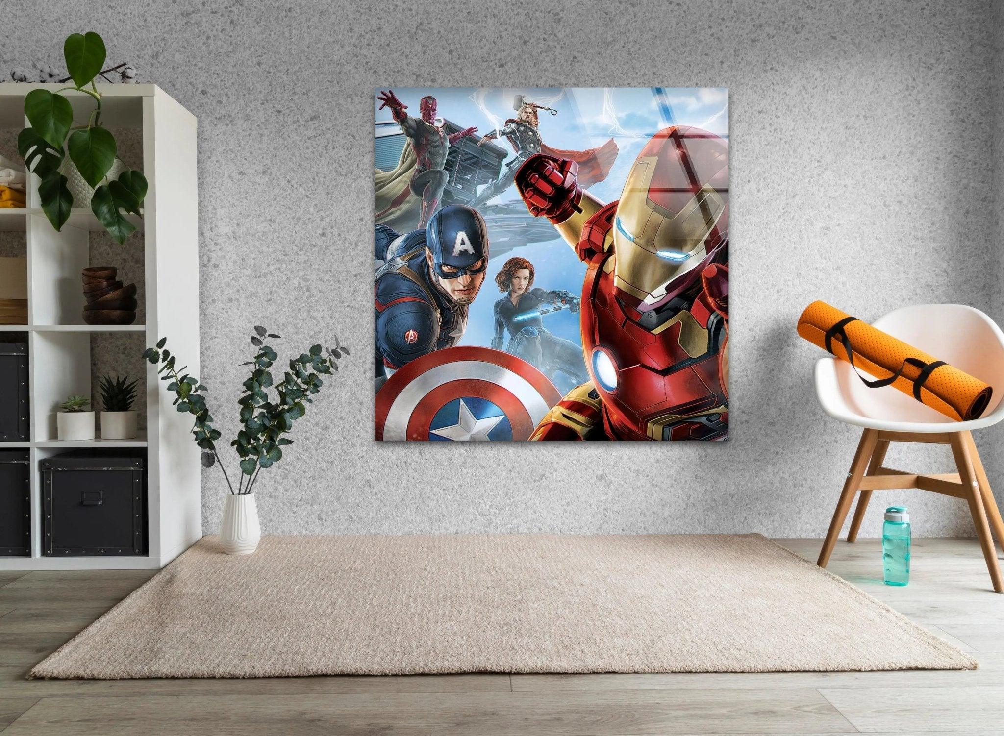 Marvel Avengers Superhero Glass Wall Art - Iron Man, Captain America, Hulk & Thor - Perfect for Home, Office & Game Room Decor