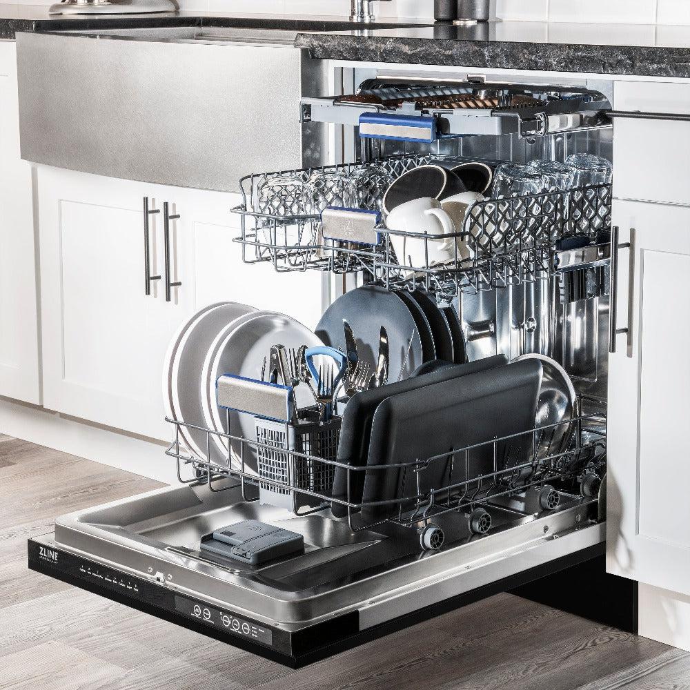 ZLINE Autograph Edition 24-Inch Top Control Tall Tub Dishwasher with 3rd Rack - Black Stainless Steel & Polished Gold Handle, 51dBA Quiet Operation - Perfect for Modern Kitchens, Open Concept Homes & Entertaining Spaces