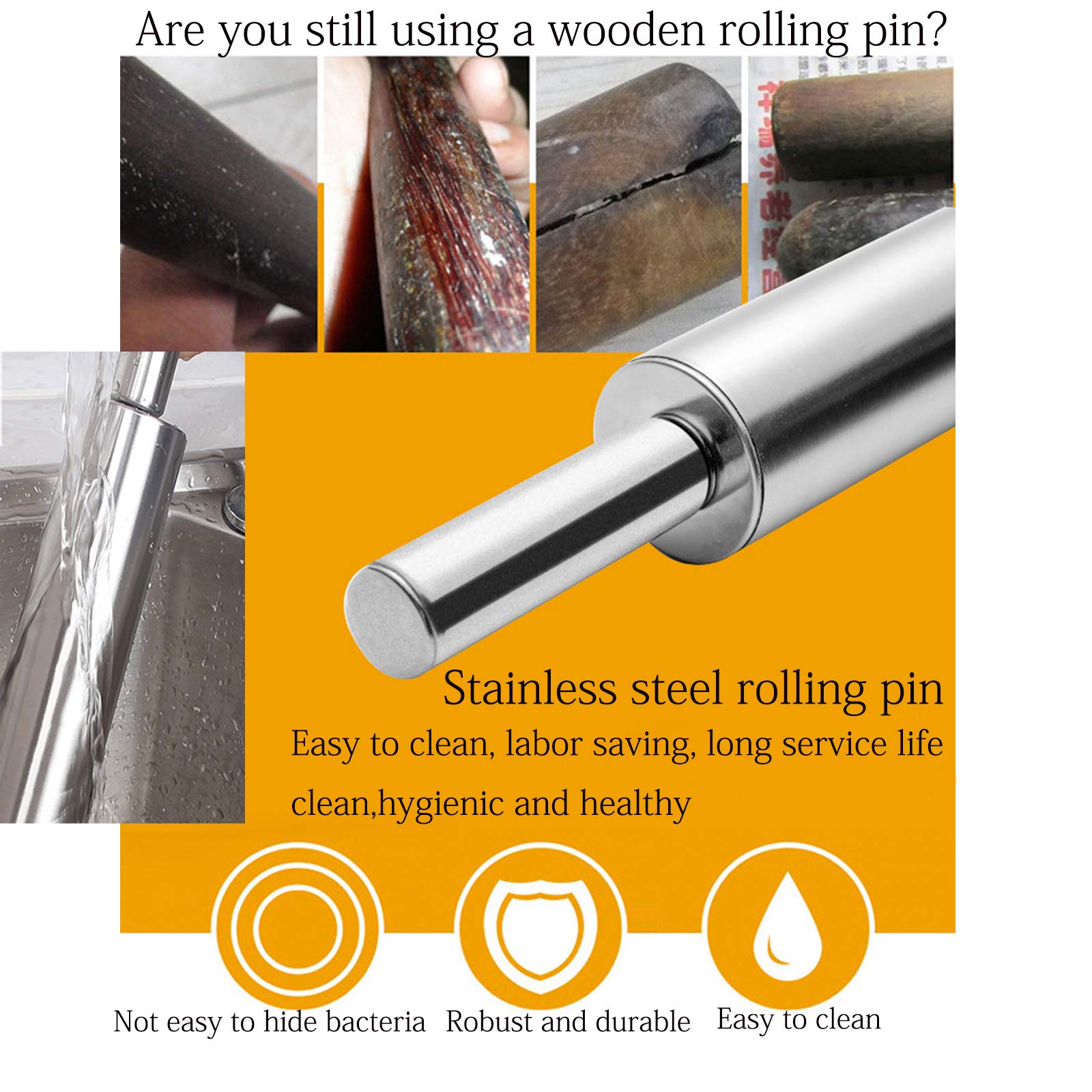 Stainless Steel Rolling Pin with Comfortable Handle - Perfect for Baking Fondant, Pie Crust, Cookies, Pastry, Pasta & Pizza Dough - Silver Kitchen Baking Tool for Home Bakers & Professional Chefs (Model JMS-0030-M) - Ideal for Cake Decorating, Pie Making & Italian Cooking