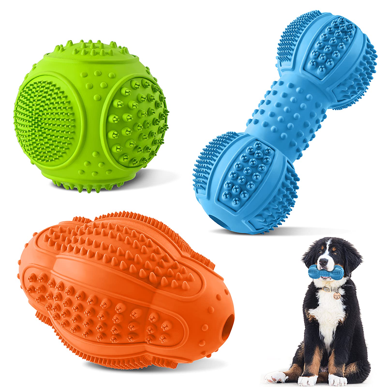 LUKITO 3 Pack Durable Dog Chew Toys for Aggressive Chewers - Natural Rubber Chewing Toys for Large & Medium Breed Dogs - Teeth Cleaning & Gum Massage Dog Toys - Perfect for Playtime, Training & Dental Care