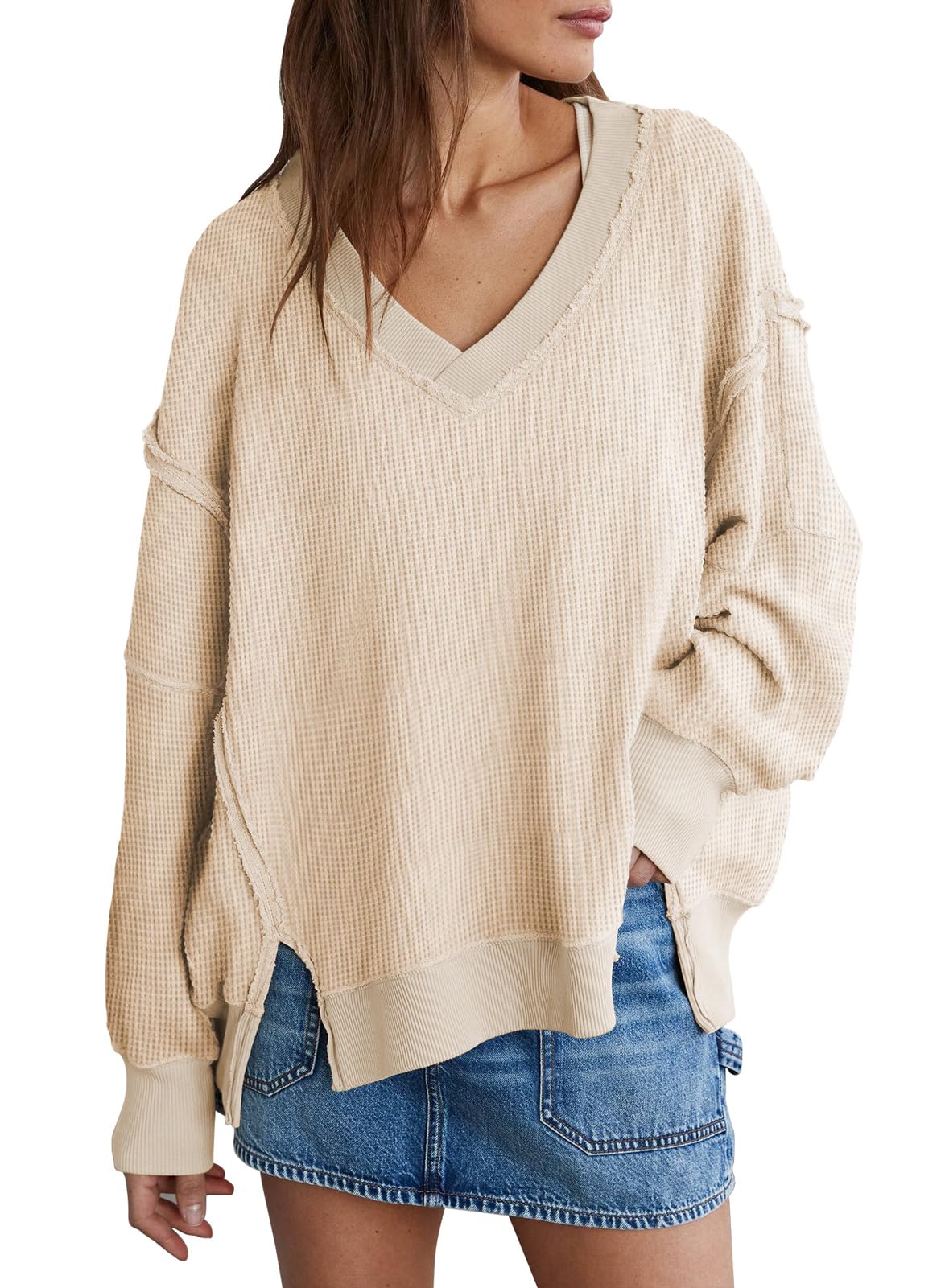Miduo Women's Oversized Waffle Knit Sweatshirt - V Neck Long Sleeve Pullover with Reverse Seam & Side Splits | Casual Loungewear, Fall Winter Fashion, Cozy Outfit for Home & Outings