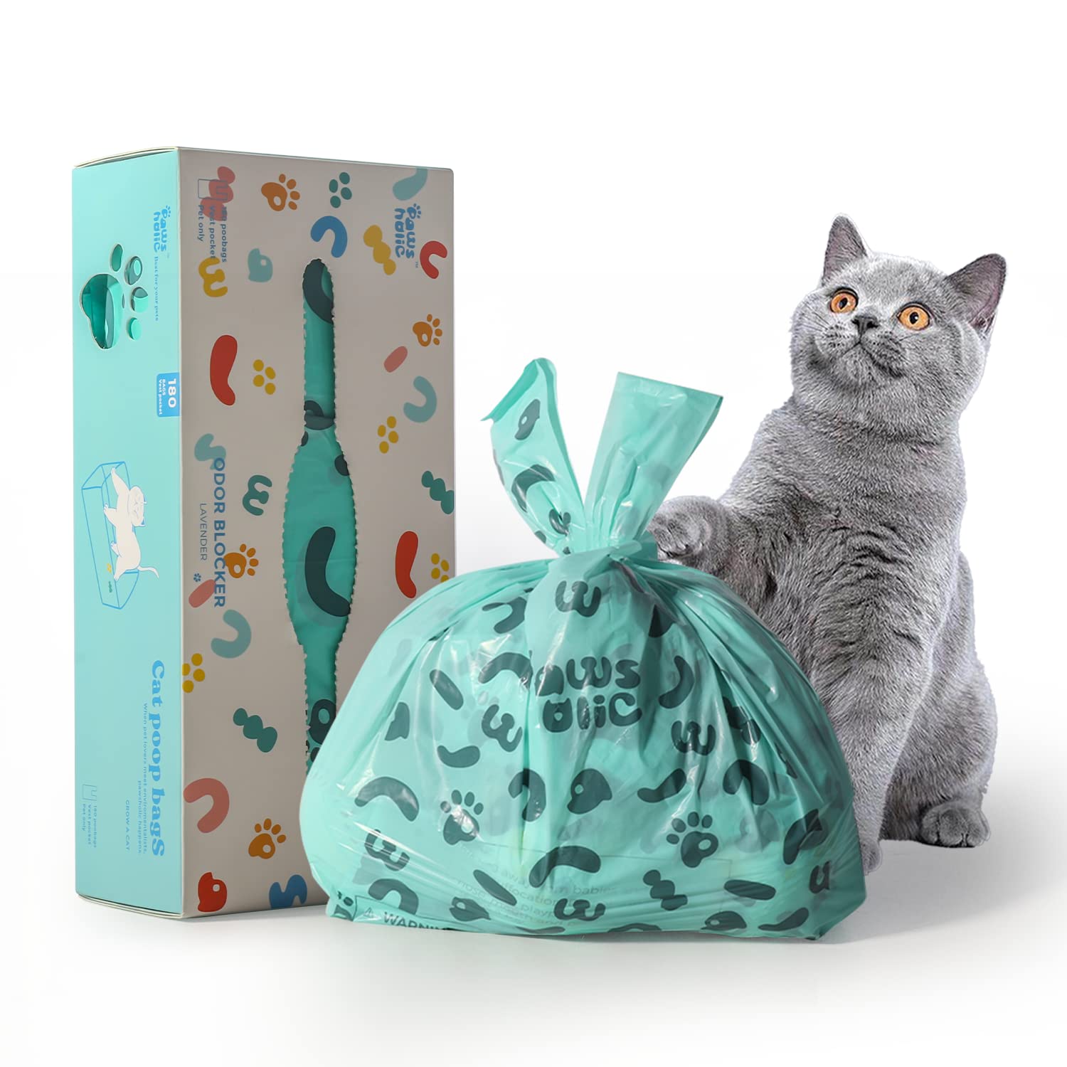 Eco-Friendly Cornstarch Cat Poop Bags with Handles - 180 Count Extra Thick Leak Proof Pet Waste Bags | Lavender Scented Biodegradable Dog & Cat Litter Bags for Easy Cleanup at Home, Park or Travel