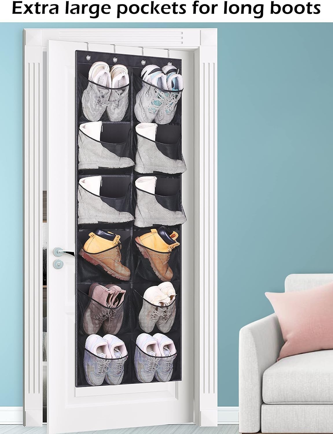 KIMBORA Over The Door Shoe Organizer - 12 Extra Large Mesh Pockets Hanging Boot Rack for Men's Shoes Size 16, Black - Perfect for Closet Storage & Space Saving in Bedrooms, Dorms, and Entryways