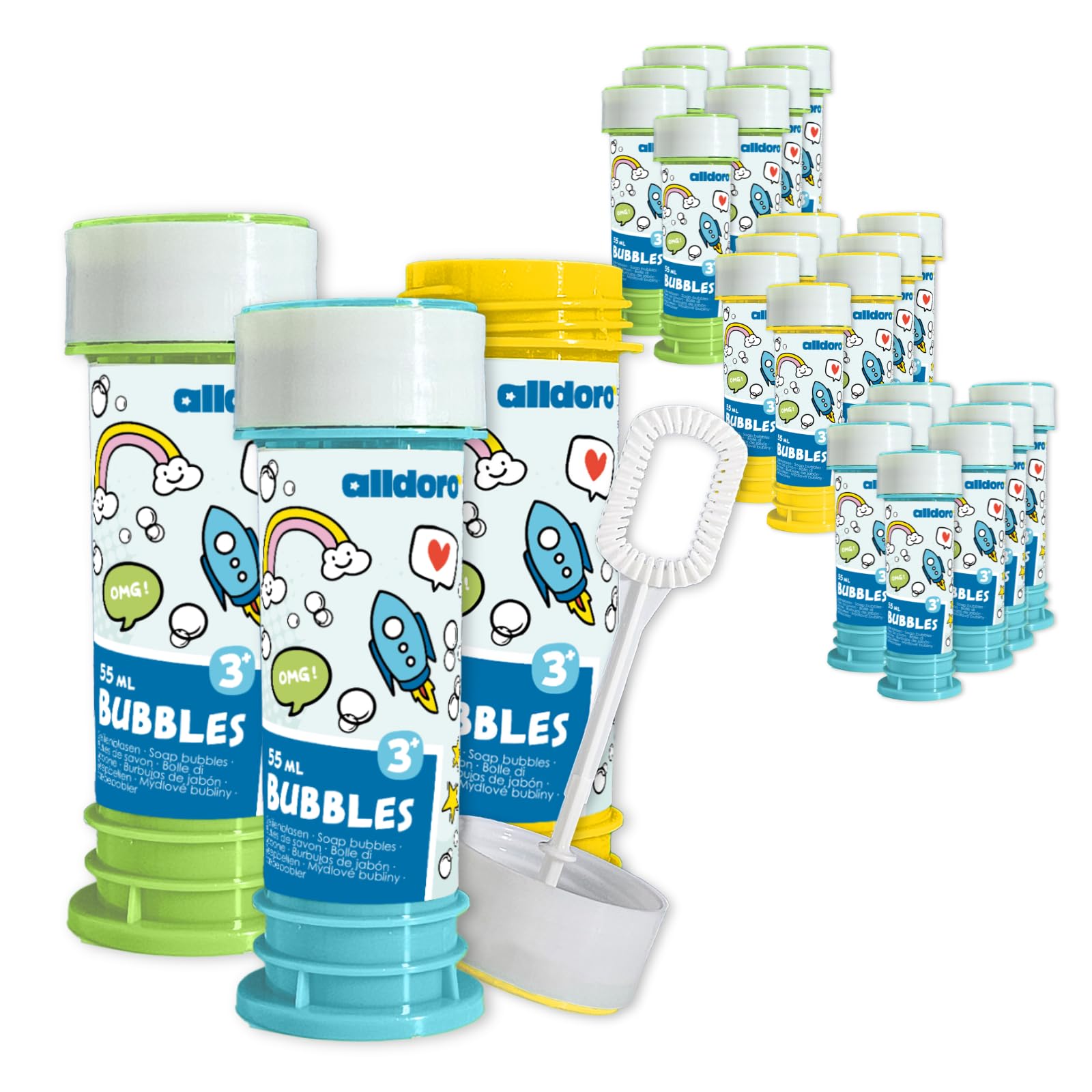 AllDoro 63073 Bubble Fun Soap Bubbles Set - 24 Bottles (55ml Each) for Kids 3+ Years & Adults - Non-Toxic, Multicolor Soap Foam - Perfect for Birthday Parties, Outdoor Play & Family Fun Activities