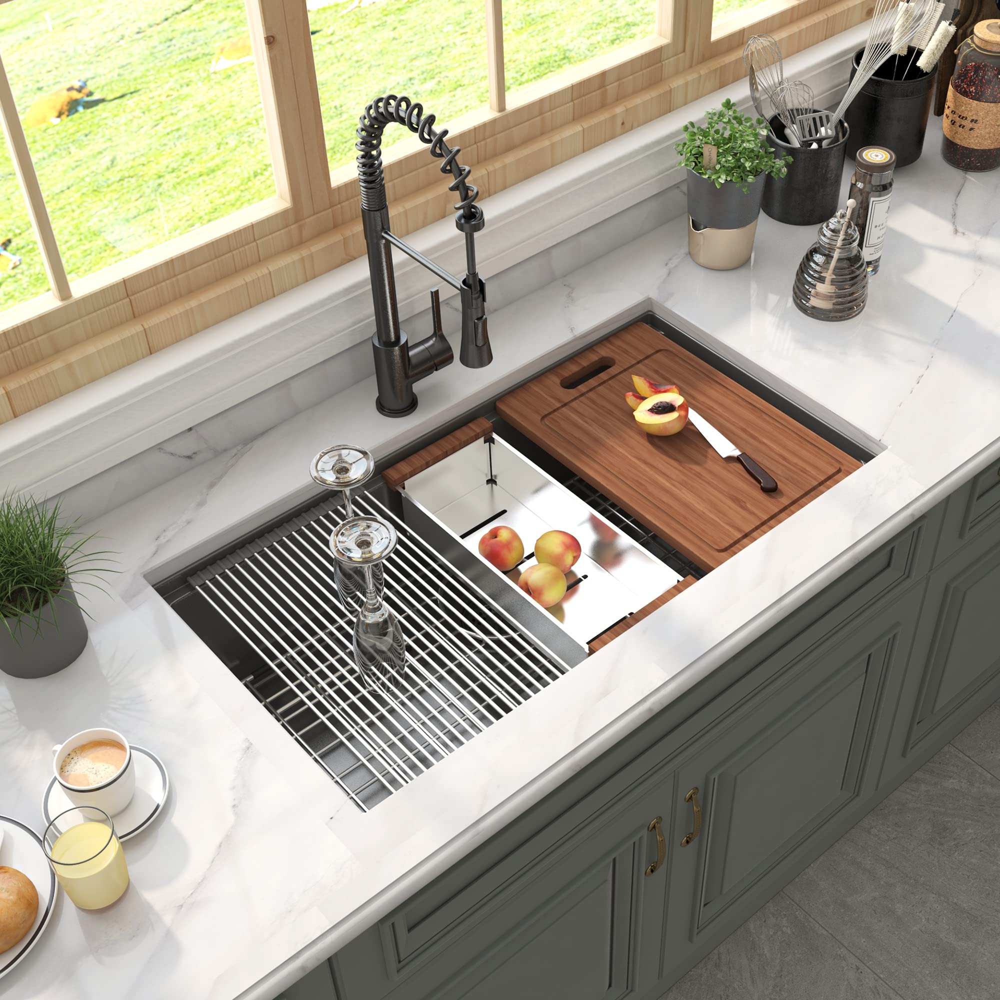 HERCATE 33 Inch 16 Gauge Black Undermount Kitchen Sink - Single Bowl Stainless Steel Workstation Sink with R10 Tight Radius, Integrated Ledge & Accessories (33