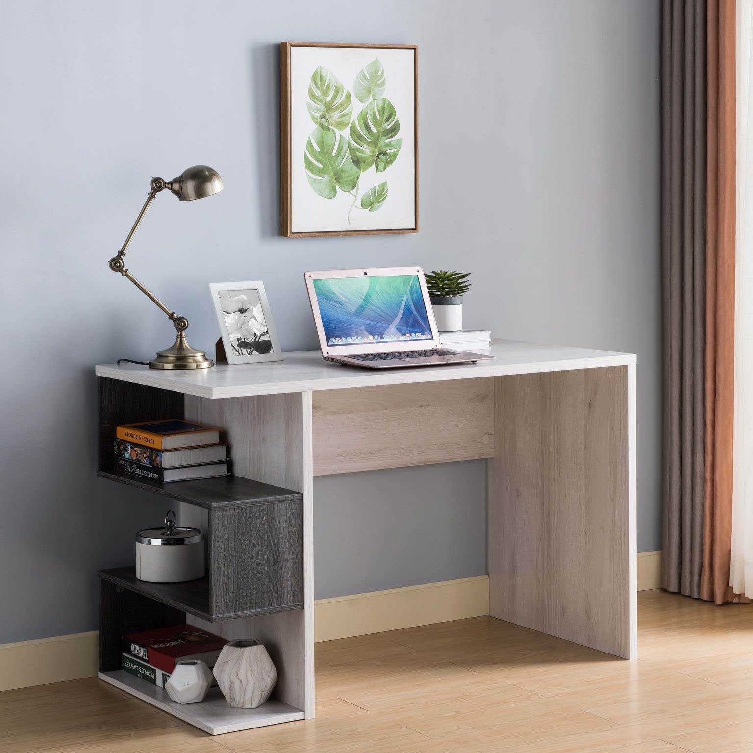 ICE ARMOR Two-Tone Writing Desk with Built-in Power Outlet & USB Ports - Modern Computer Laptop Table with Open Shelves in White Oak & Distressed Grey - Perfect for Home Office, Study Room & Small Spaces