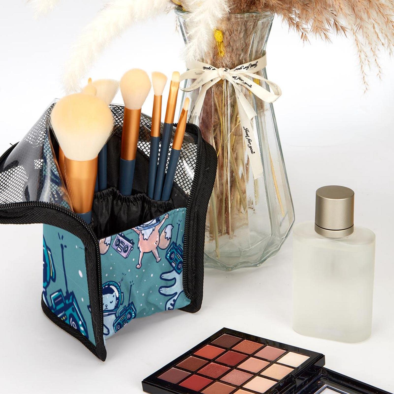 Portable Makeup Brush Organizer Bag with 12 Slots - Cute Space Cat Design Cosmetic Brush Holder Case for Travel & Home Storage