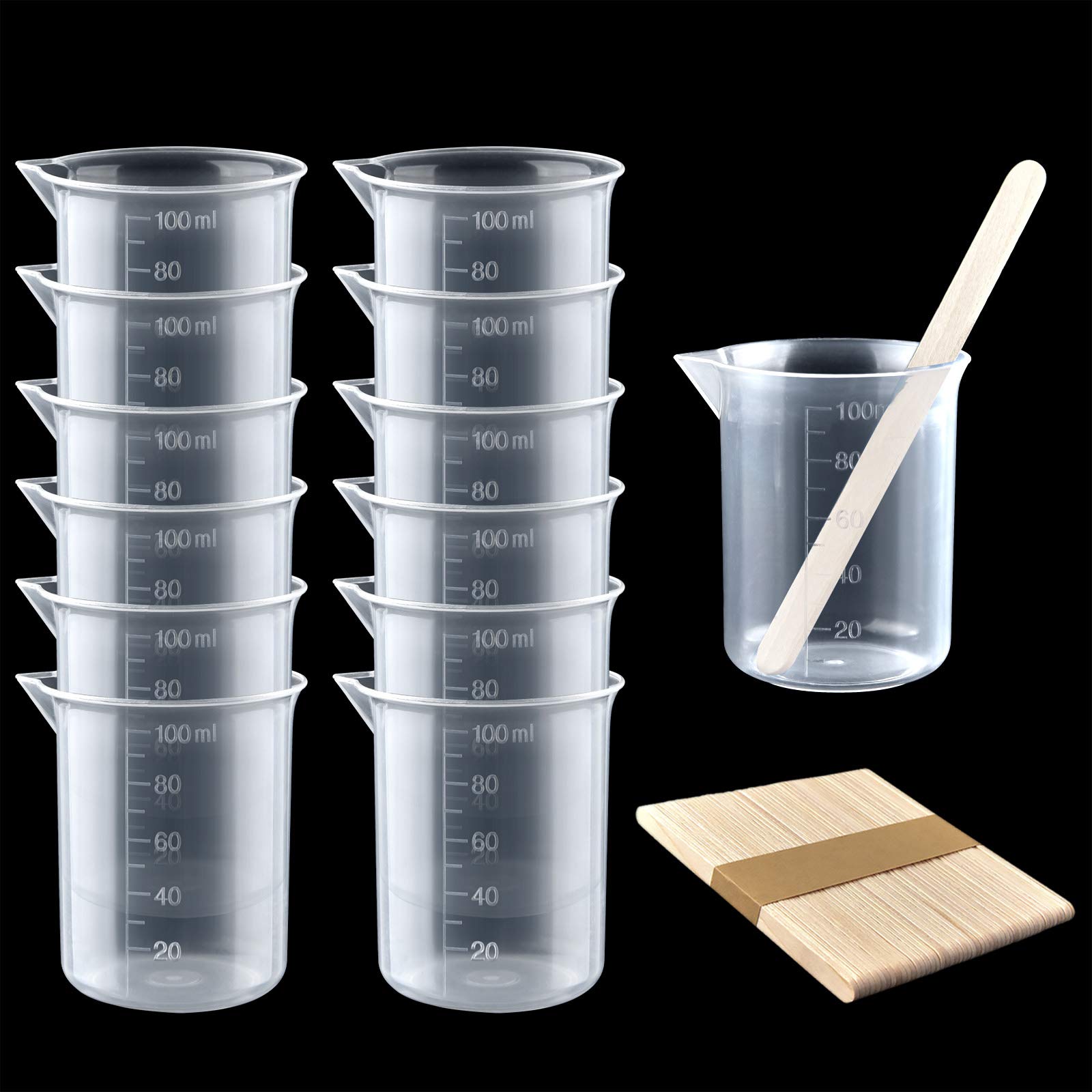 Coopay 12 Pack 100ml/3.4oz Plastic Beakers with 50 Wooden Sticks - Clear Epoxy Mixing Cups, Graduated Measuring Cups for Resin, Paint, Stain - Perfect for DIY Crafts, Art Projects & Science Experiments