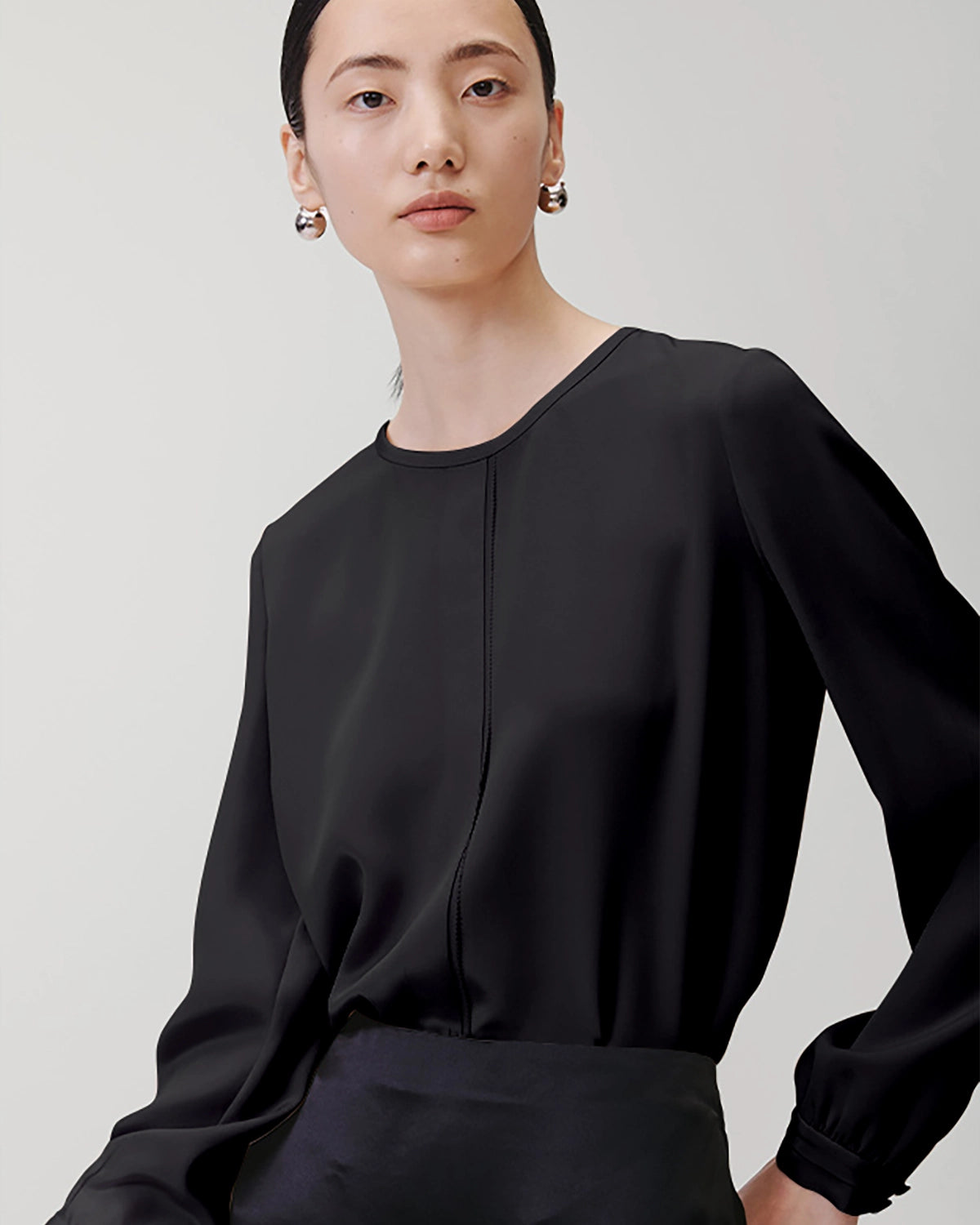 Elegant Round Neck Pleated Silk Blouse for Women - Soft & Breathable Luxury Blouse for Office, Party & Special Occasions