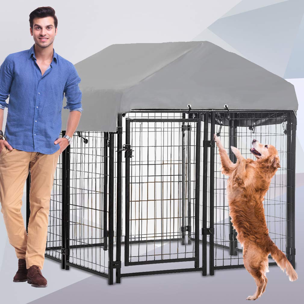 Heavy Duty Galvanized Metal Dog Crate & Outdoor Kennel - Large Welded Wire Dog Playpen with UV Protection Waterproof Cover & Roof - Durable Pet Exercise Pen for Large Dogs (Black) - Perfect for Backyard, Travel, Training & Outdoor Adventures