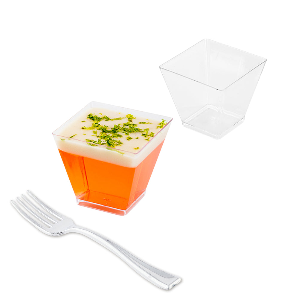 300 Pack 2 oz Square Clear Plastic Mini Kova Cups with 300 Silver Plastic Mini Forks - Perfect for Party Favors, Wedding Decorations, and Dessert Serving