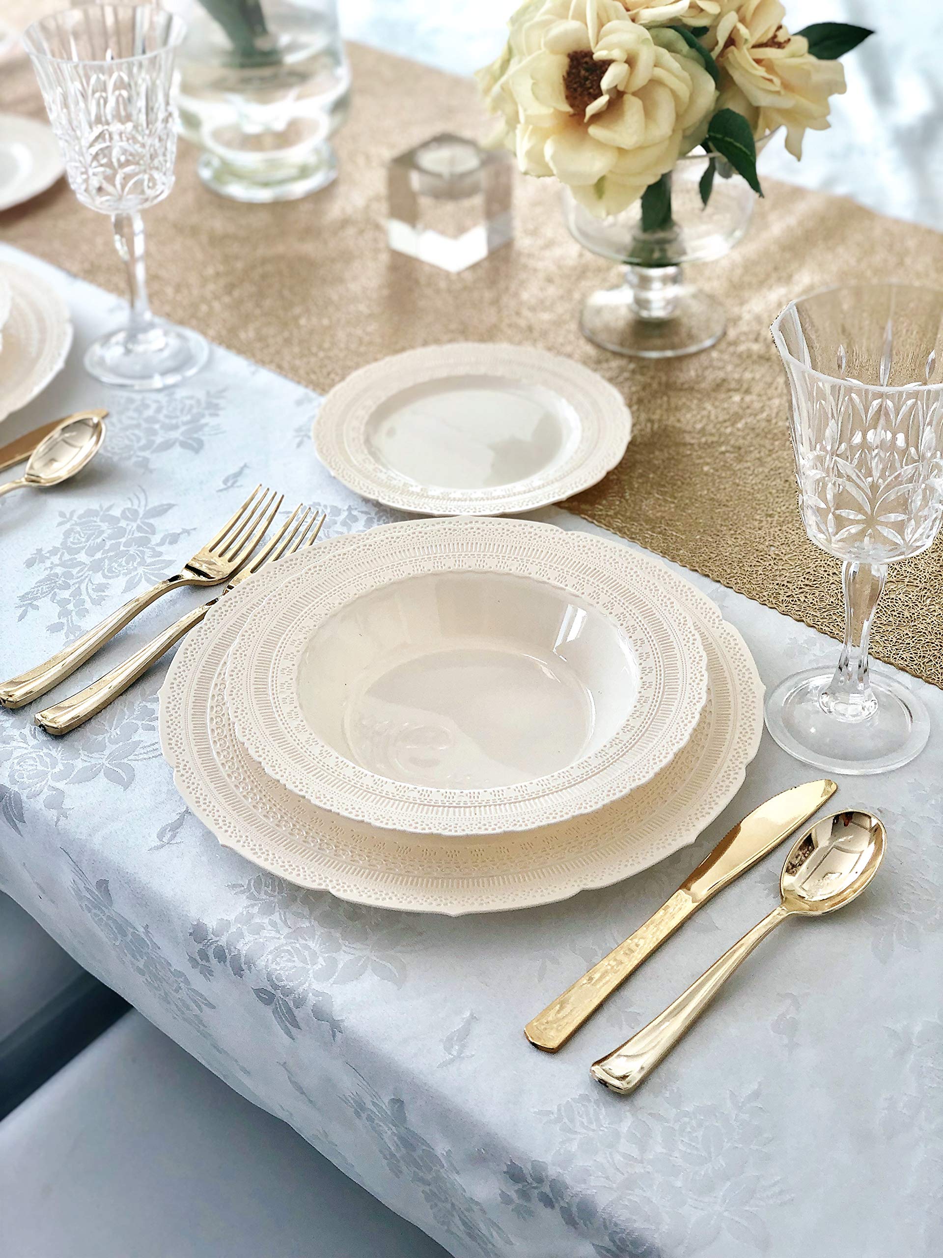 240 Pack Extra Heavyweight Disposable Plastic Bowls - 14 oz Vintage Wedding Party Soup Bowls in Chateau Ivory | Perfect for Catering, Picnics, BBQs & Events