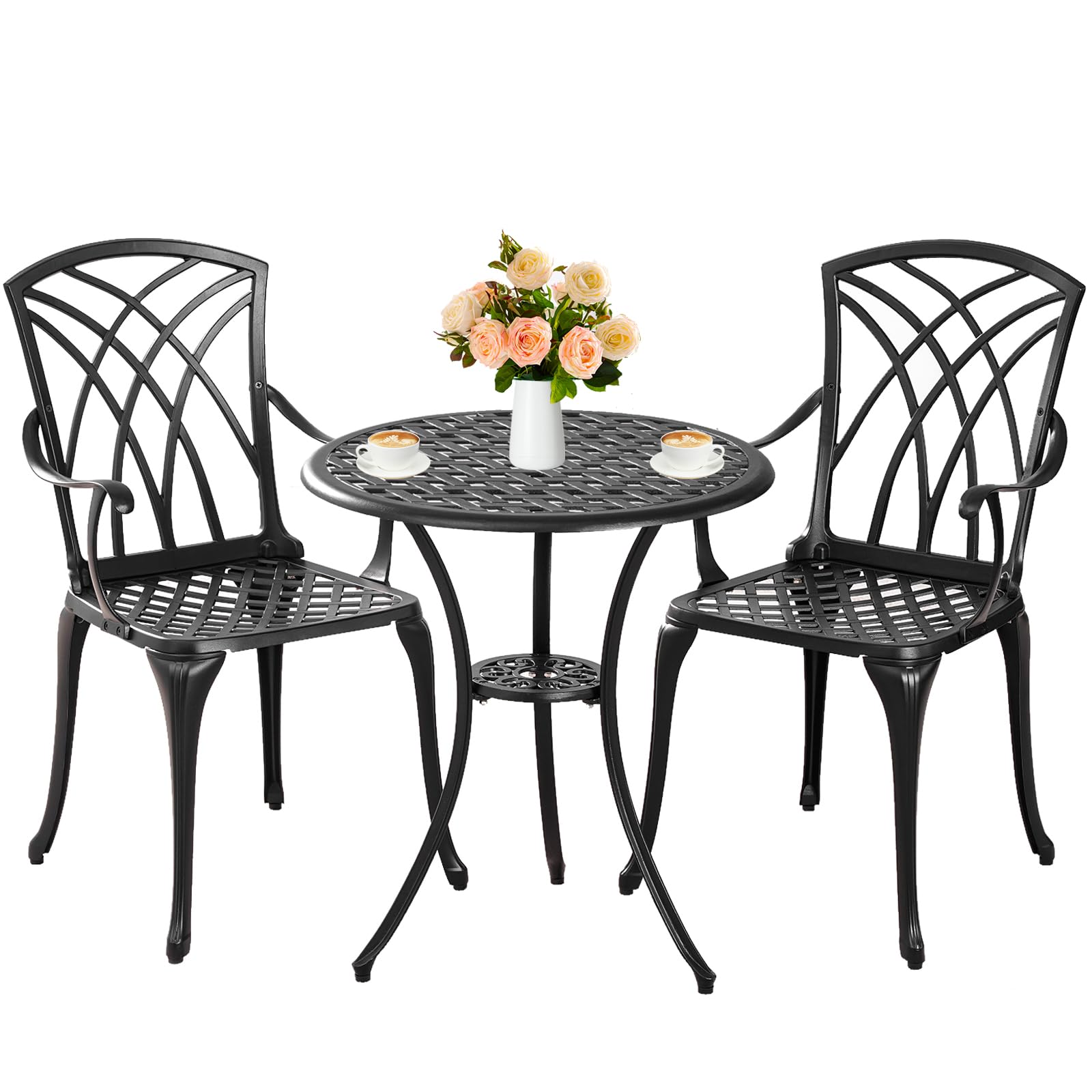 Outdoor 3-Piece Bistro Set - Durable Cast Aluminum Table & 2 Chairs - All-Weather Patio Furniture for Garden, Deck, or Balcony - Black - Perfect for Coffee, Dining & Relaxing Outdoors