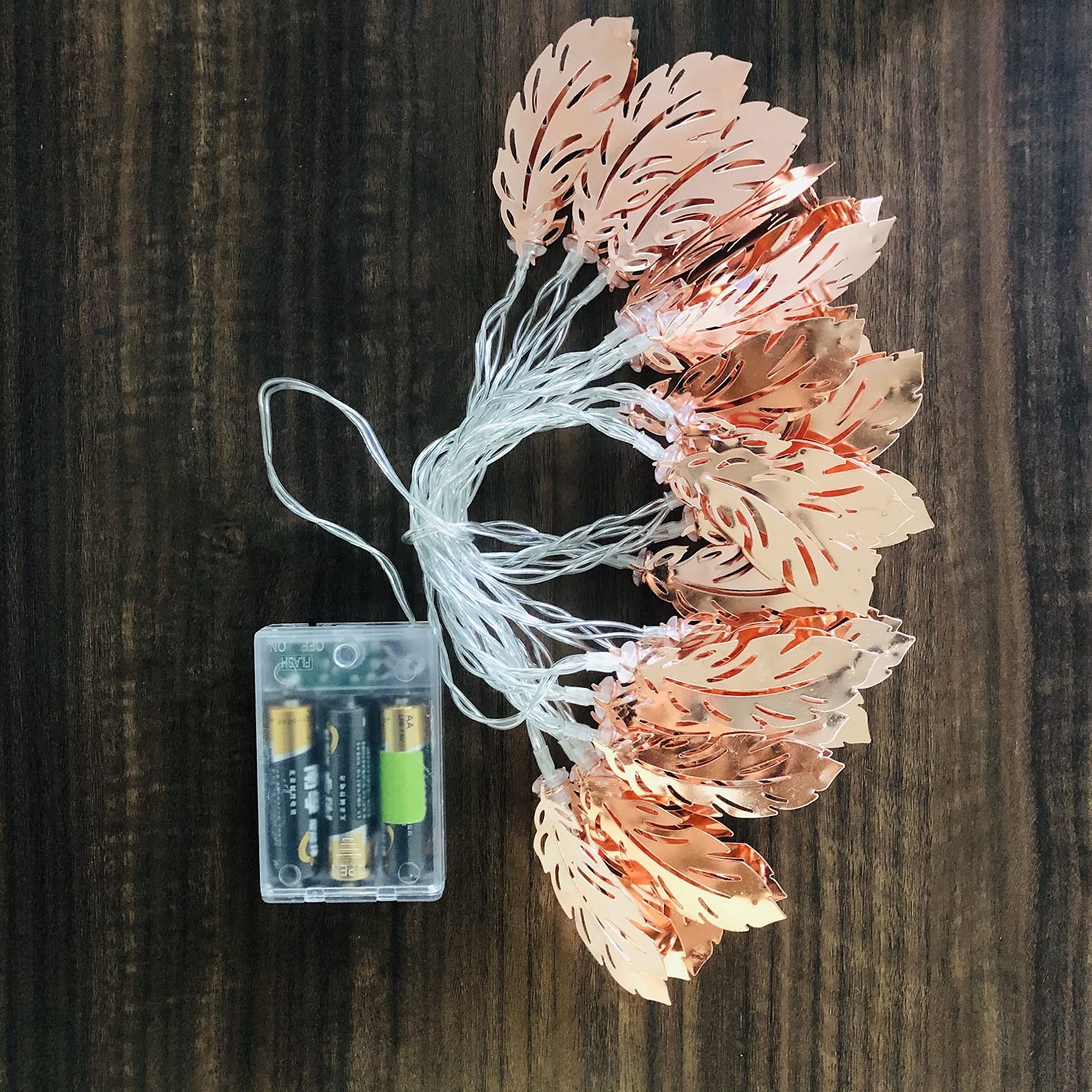 Rose Gold Feather LED String Lights - 9.8ft Battery Powered Fairy Lights with Metal Leaf Lanterns for Bedroom Decor, Wedding Party, Garden & Outdoor Lighting (20 Warm White LEDs, USB/Battery Operated) - Perfect for Romantic Ambiance, Holiday Decorations and Special Events