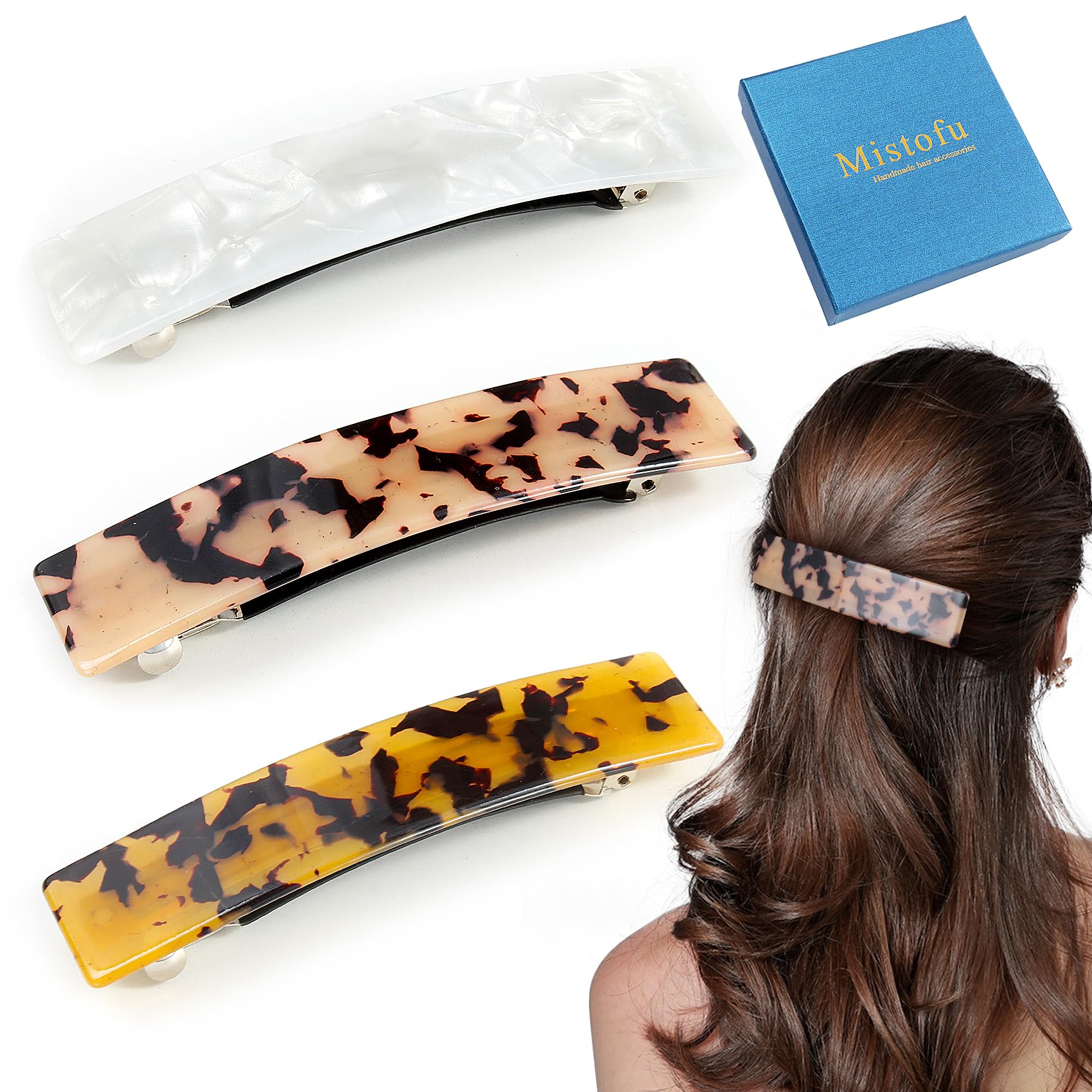 Elegant Tortoise Shell Hair Barrettes for Women - 4.13 Inch Large French Hair Clips, Vintage Hair Accessories for Thick Hair (3 Pack) - Perfect for Weddings, Parties and Everyday Styling