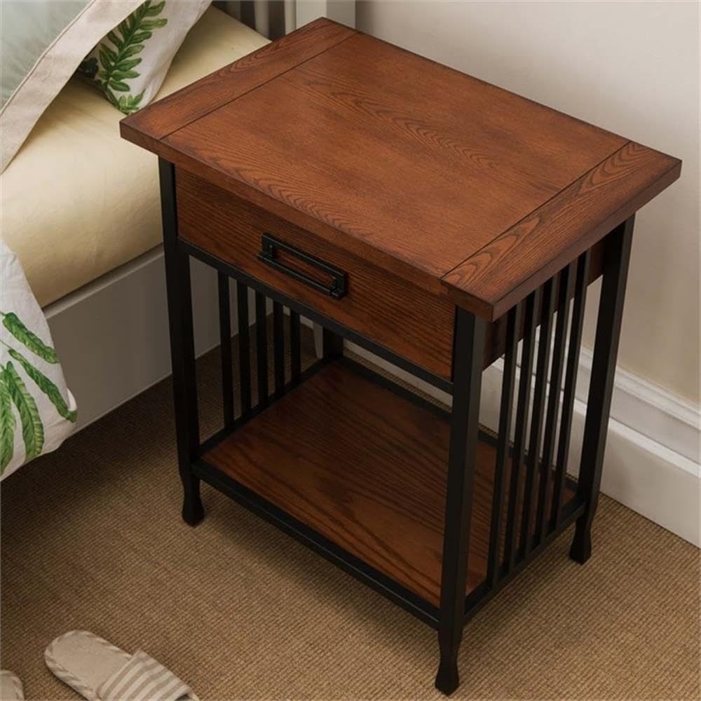 BOWERY HILL Solid Hardwood Nightstand with 1 Drawer - Mission Oak Finish for Bedroom, Living Room, or Office Storage