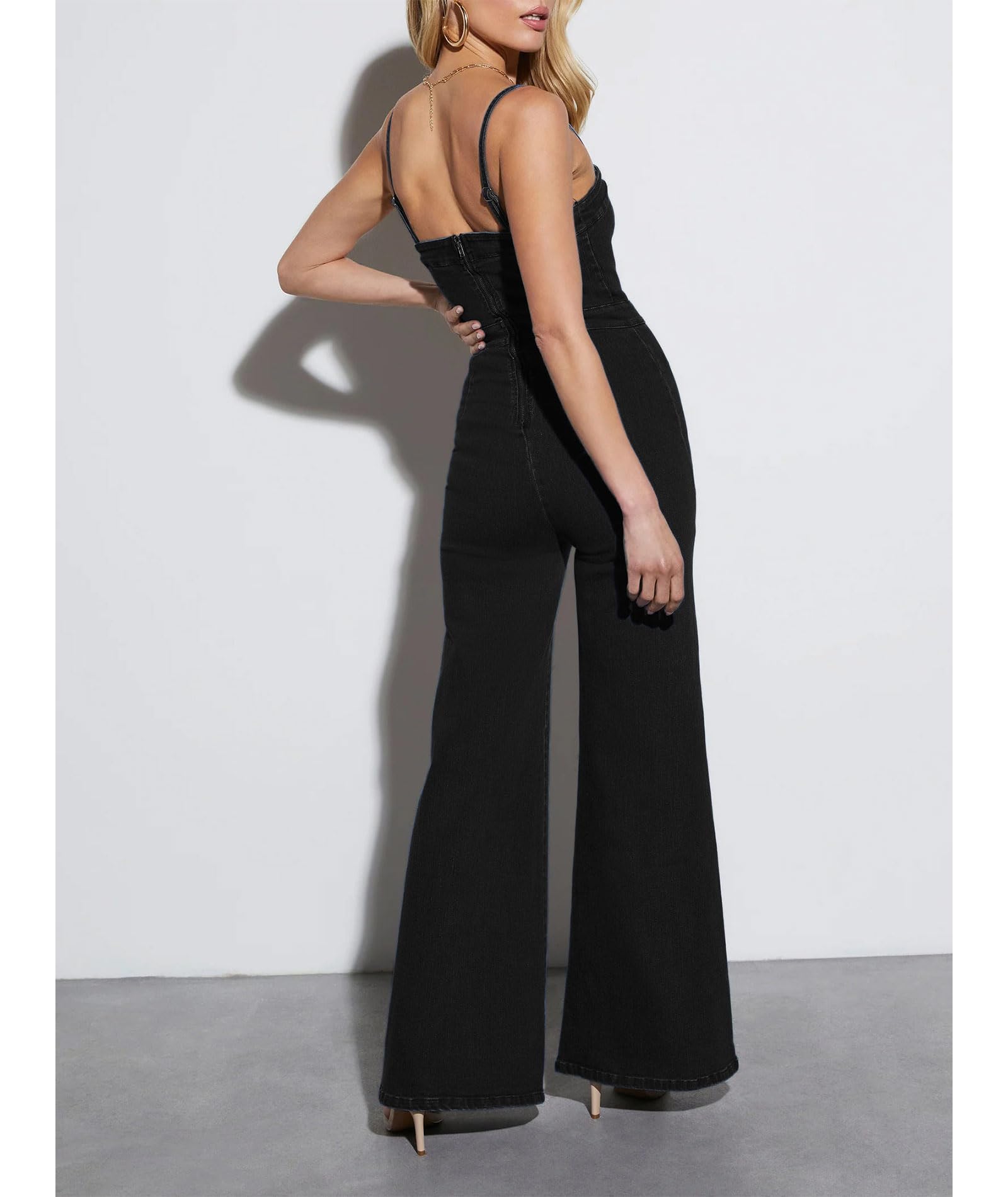 Stylish Women's Denim Jumpsuit - Sleeveless Spaghetti Strap V-Neck Romper with Zipper & Wide Leg Flare | Casual Summer Outfit, Beach Wear, Street Fashion