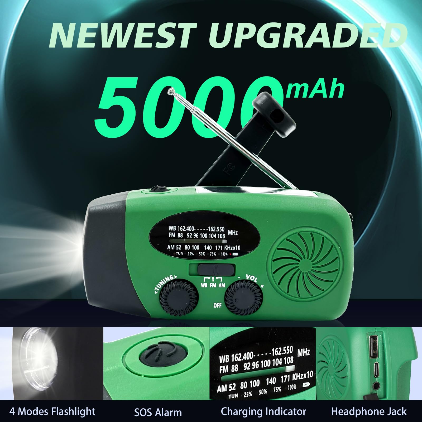 Emergency Hand Crank AM/FM NOAA Weather Radio with LED Flashlight, 5000mAh Power Bank & Solar Charger - Portable Survival Radio for Camping, Hiking, Power Outages & Emergency Preparedness (Army Green)