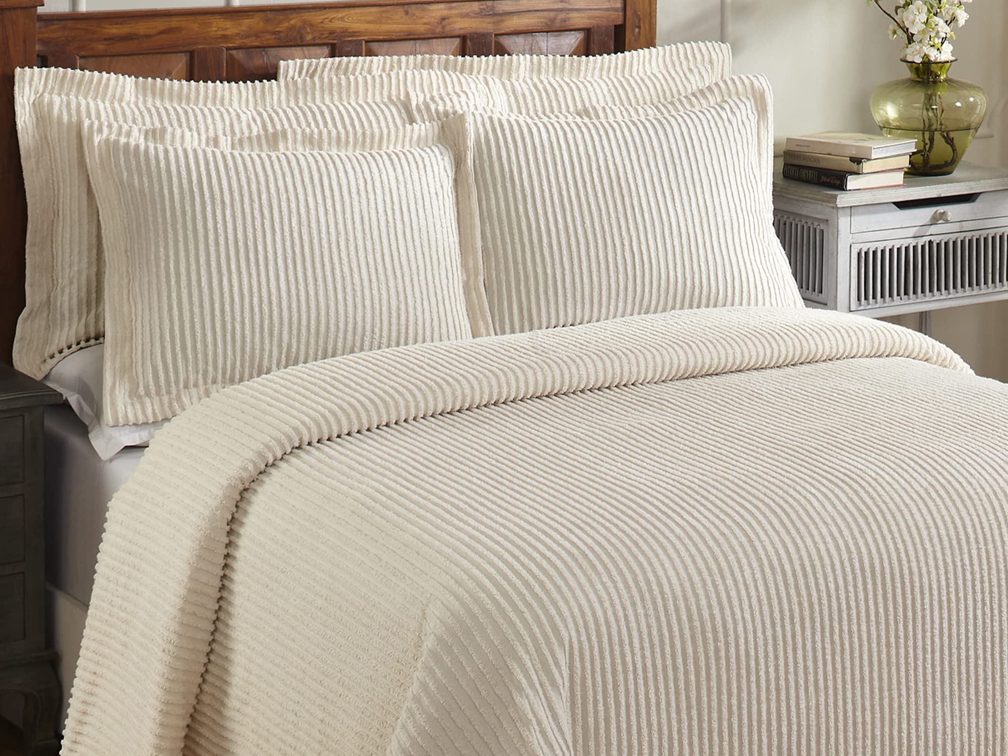 Better Trends Ivory King Bedspread Set - 100% Cotton Tufted Classic Stripe Coverlet | Soft & Cozy All-Season Bedding Set | Machine Washable 3-Piece Set - Jullian Collection | Perfect for Master Bedroom, Guest Room & Luxury Hotel Decor