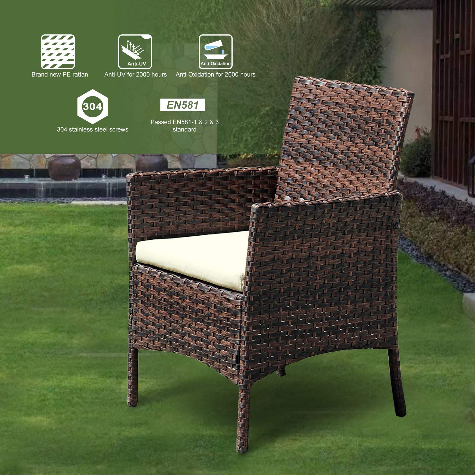 3-Piece Outdoor Rattan Patio Furniture Set - Wicker Chairs with Coffee Table - Brown Rattan Garden Set for Porch, Lawn, Poolside & Backyard Relaxation