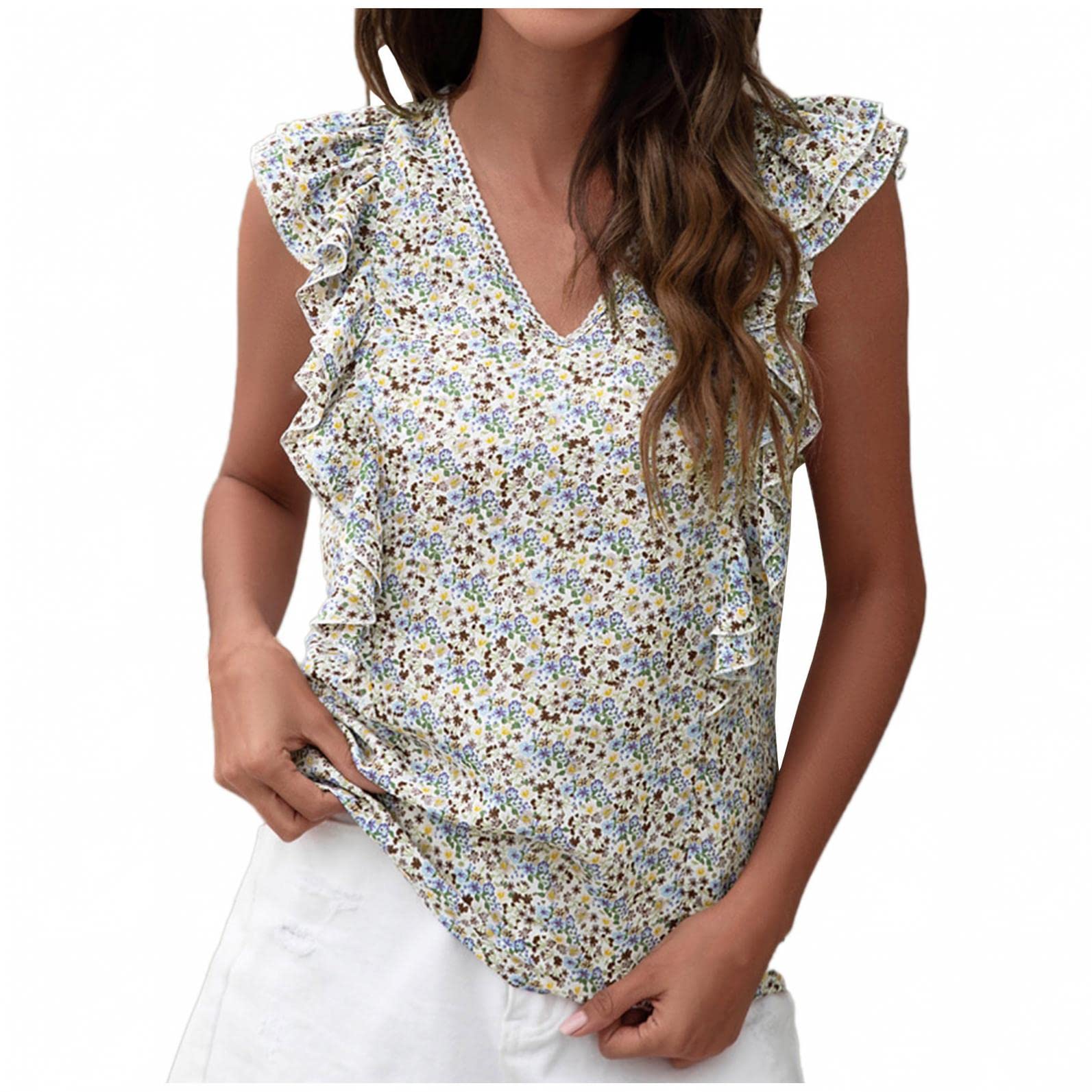 Women's Summer Chiffon Ruffle Sleeveless Blouse - Lace Trim V-Neck Cute Tank Top Shirt for Casual Wear, Beach Outfits & Date Nights