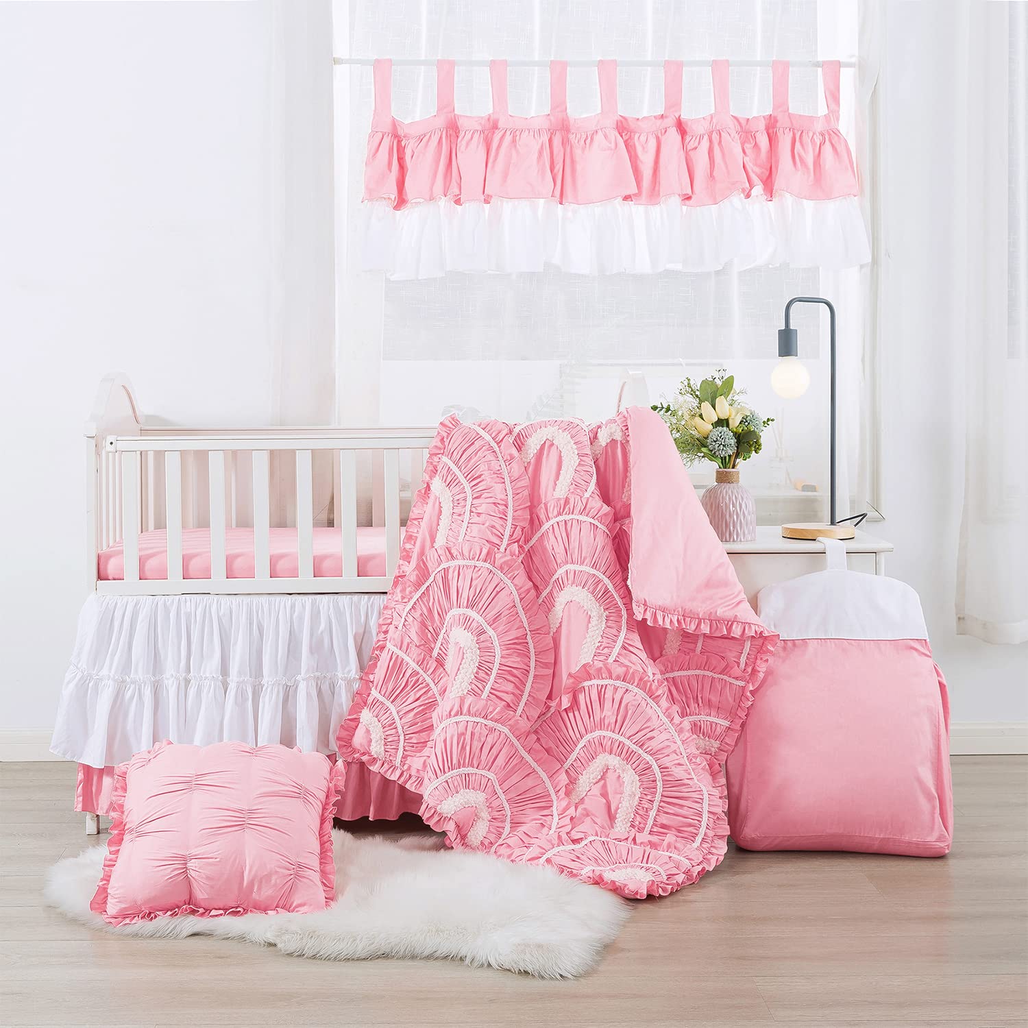 6-Piece 100% Cotton Toddler Crib Bedding Set for Girls - Pinch Pleat Lightweight Baby Comforter with Dust Ruffle in White & Pink | Nursery Decor, Baby Shower Gift, Newborn Essentials