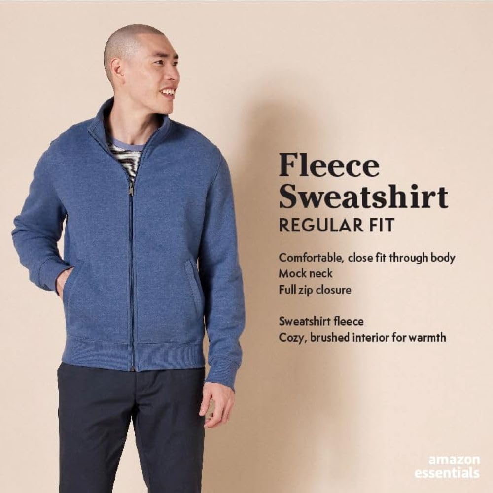 Amazon Essentials Men's Fleece Mock Neck Zip-Up Sweatshirt | Warm Winter Pullover for Casual Wear, Outdoor Activities & Layering
