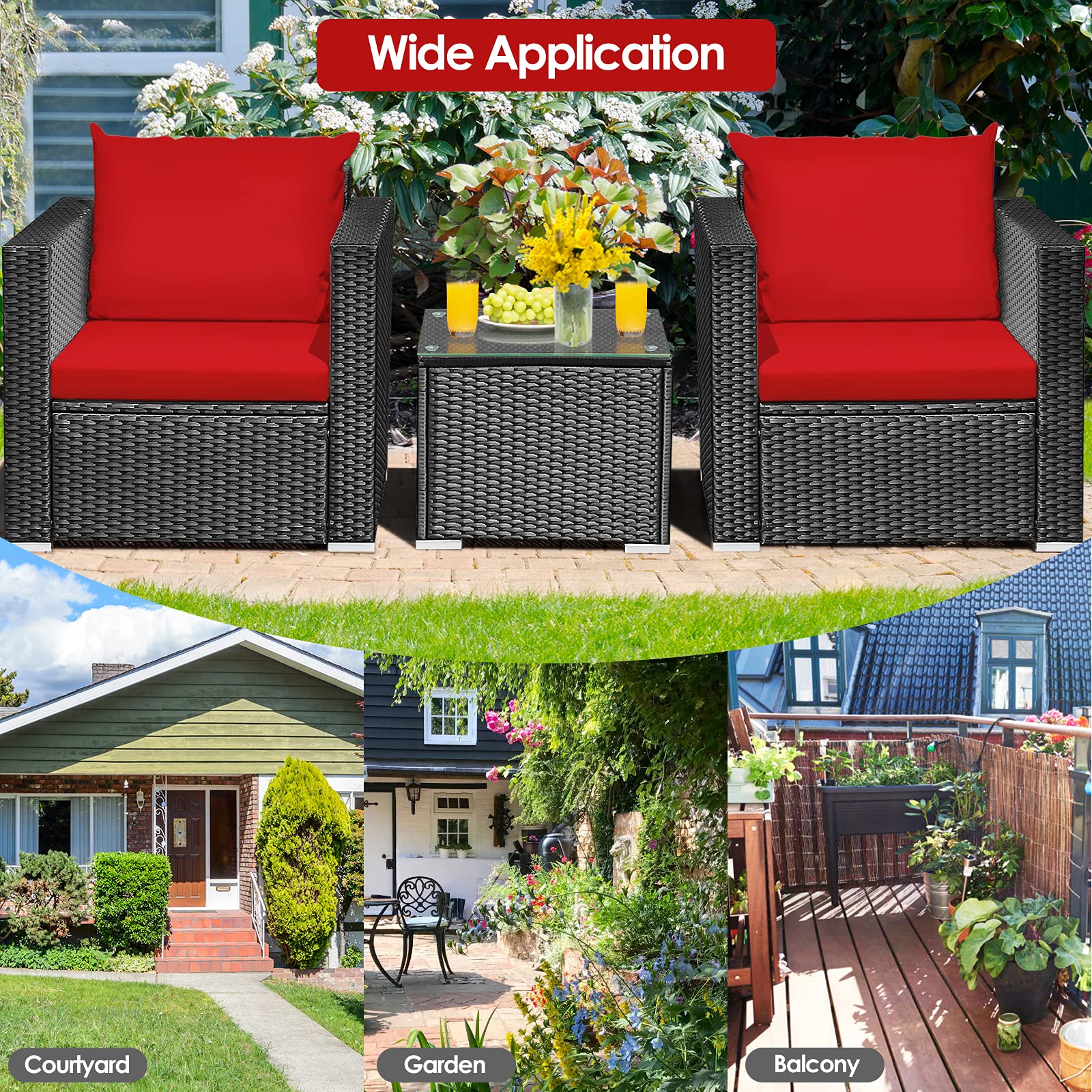 HappyGrill 3-Piece Rattan Wicker Patio Furniture Set with Coffee Table & Cushions - Outdoor Conversation Sofa Set for Garden, Balcony, Porch, Poolside | Perfect for Relaxing, Entertaining & Lounging in Your Backyard