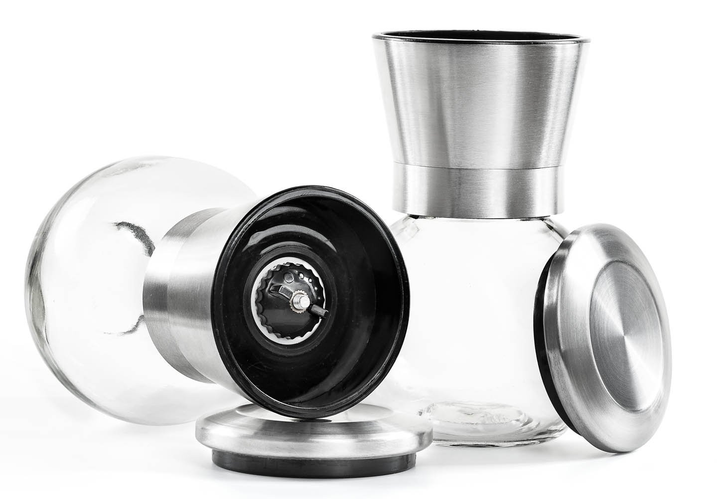 Premium Stainless Steel Salt and Pepper Grinder Set of 2 - Adjustable Ceramic Rotor, Glass Body, Brushed Finish for Kitchen & Dining | Perfect for Home Cooking, Restaurants, and Gift Giving