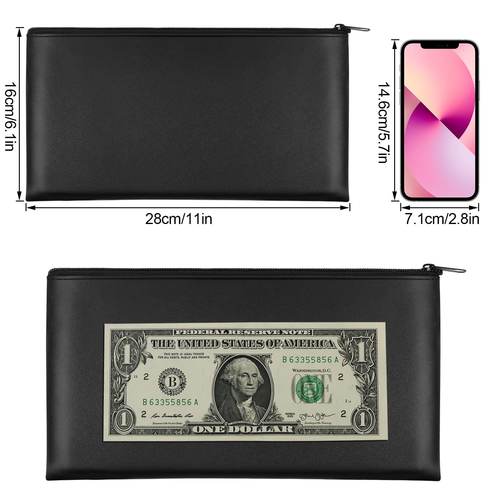 2 Pack Zippered Money Bags 11x6.1 Inch - Secure Cash Pouch, Bank Deposit Bag, Check Wallet & Travel Cosmetics Organizer - Perfect for Small Business, Retail Banking & Travel Essentials Storage
