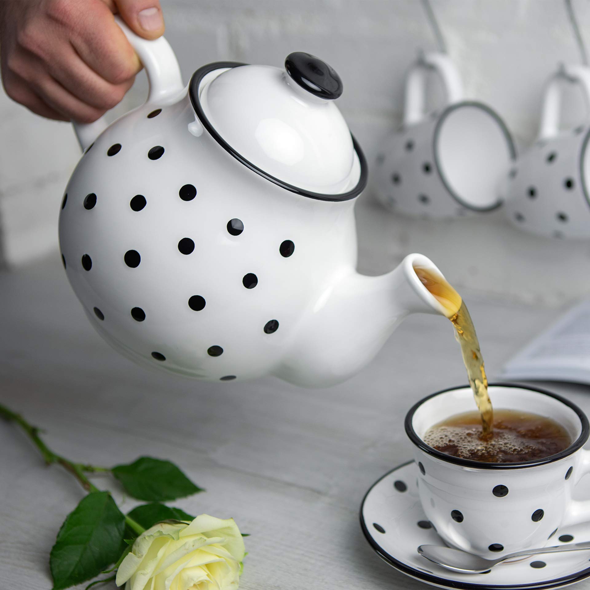Handcrafted Premium 60 oz Ceramic Teapot for Blooming & Loose Leaf Tea - White & Black Blue Polka Dot Design - Large Capacity (6-8 Cups) - Perfect for Tea Lovers, Afternoon Tea Parties & Cozy Cottage Gatherings