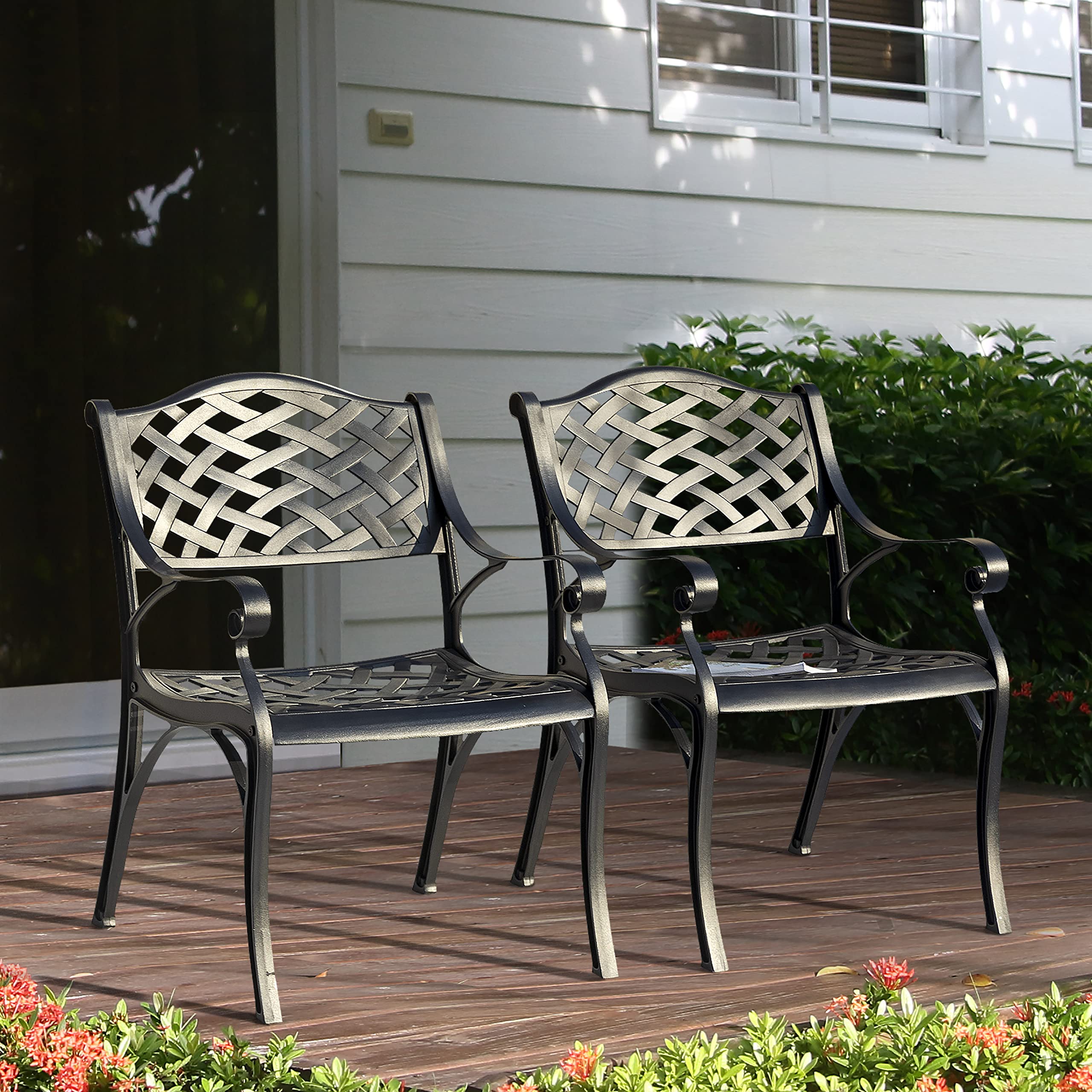 NUU GARDEN 2-Piece Patio Dining Chairs Set - Durable Aluminum Outdoor & Indoor Arm Chairs for Garden, Backyard, Porch - Weather-Resistant Black - Perfect for Outdoor Dining, Lounging & Entertaining