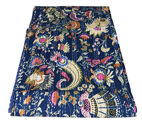 Handmade Indian Single Mukat Print Kantha Quilt - Traditional Cotton Throw Blanket & Bedspread for Home Decor, Sofa, Bed, and Gift Giving