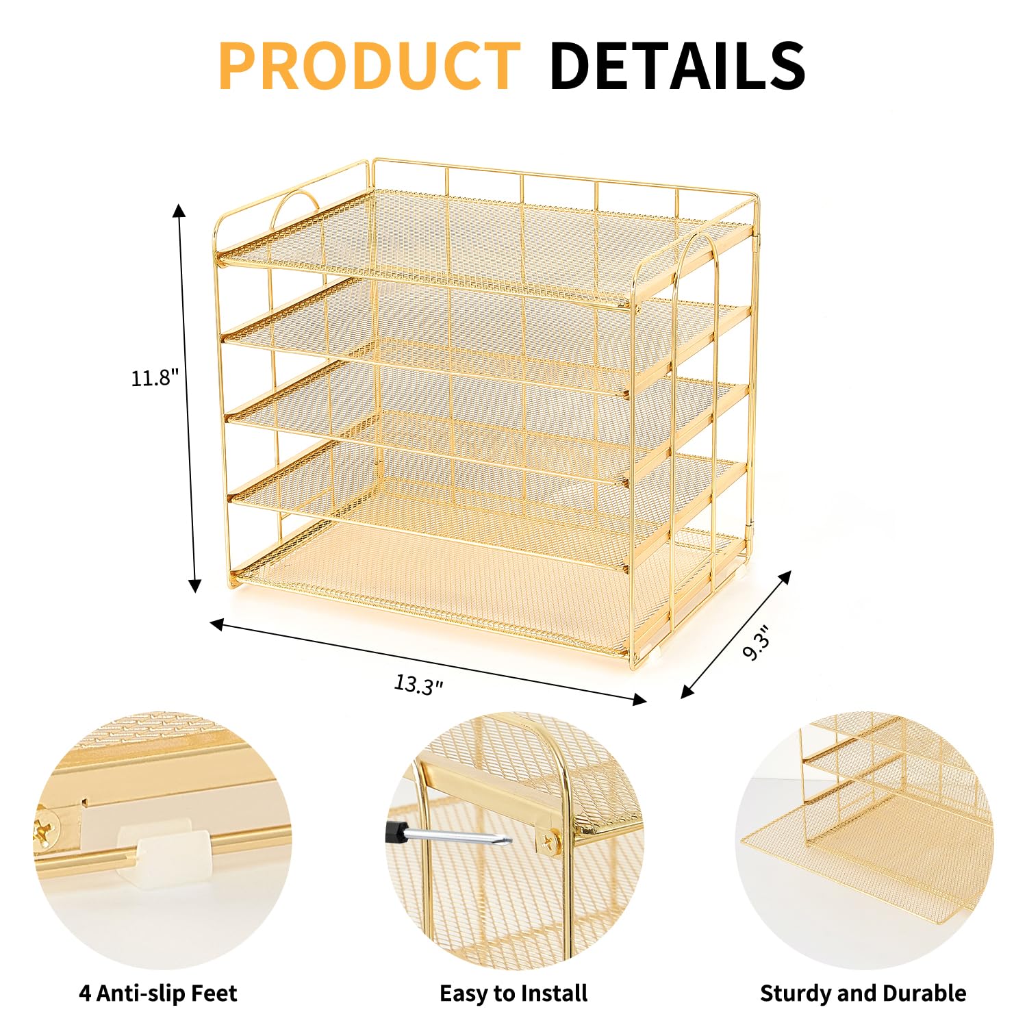 5 Tier Mesh Paper Letter Tray Organizer - Gold Office Desk Organizer for Files, Documents & Mail | Perfect for Home Office, School & Workspace Organization