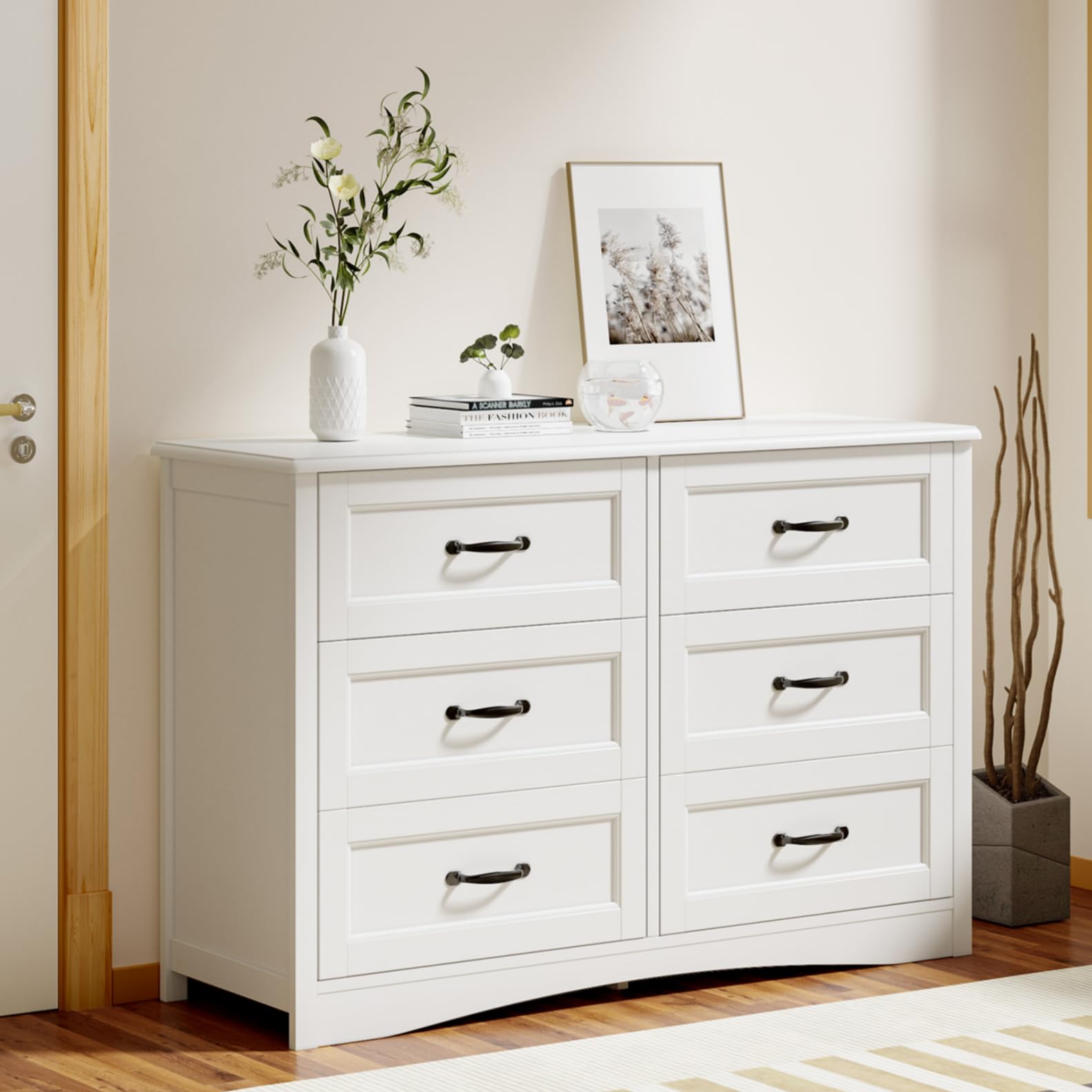 Gizoon 6-Drawer Dresser - White Storage Chest for Bedroom & Living Room