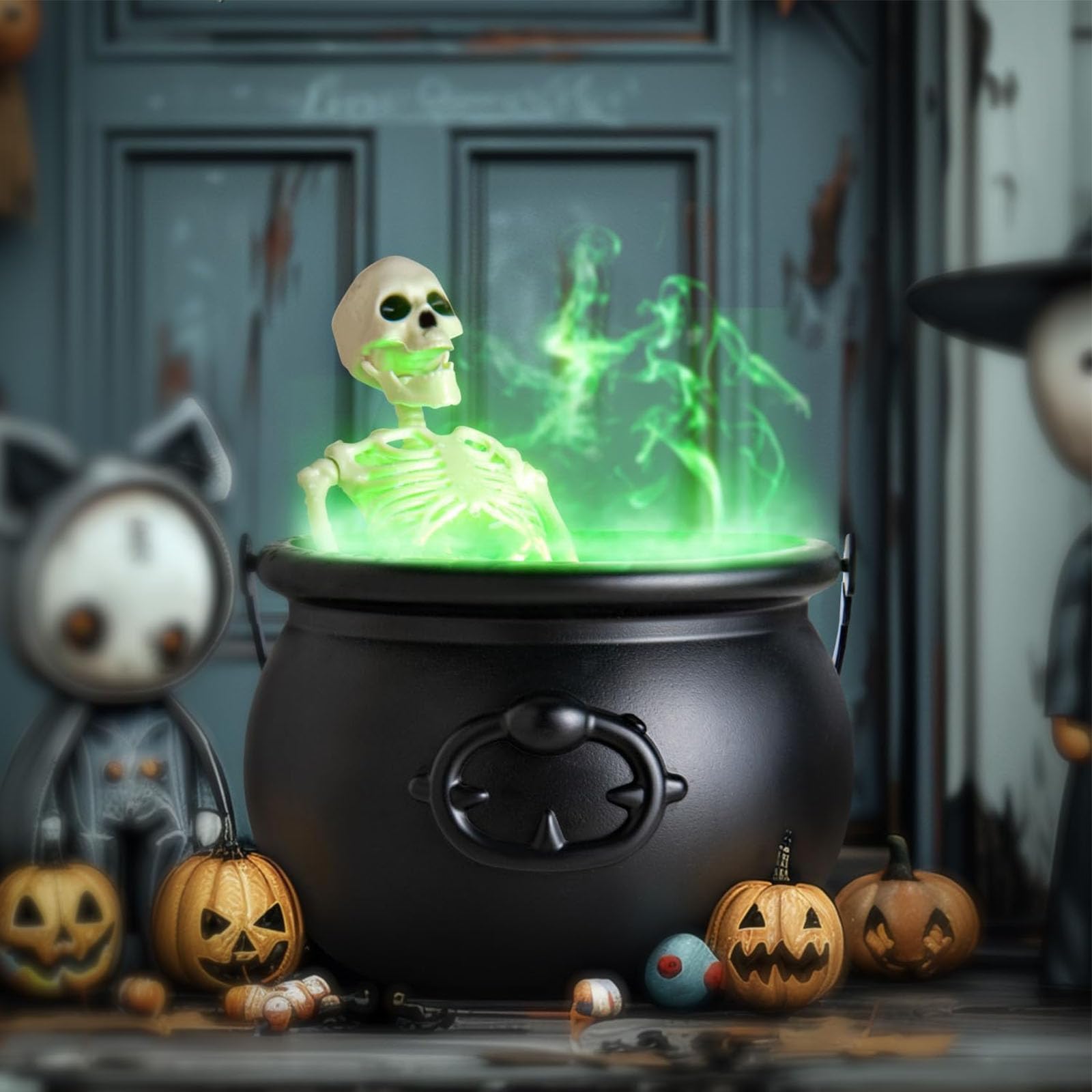 Spooky Halloween Skeleton Witches Cauldron with LED Lights & Mist Maker - Indoor Horror Decor for Halloween Party, Haunted House, and Themed Events