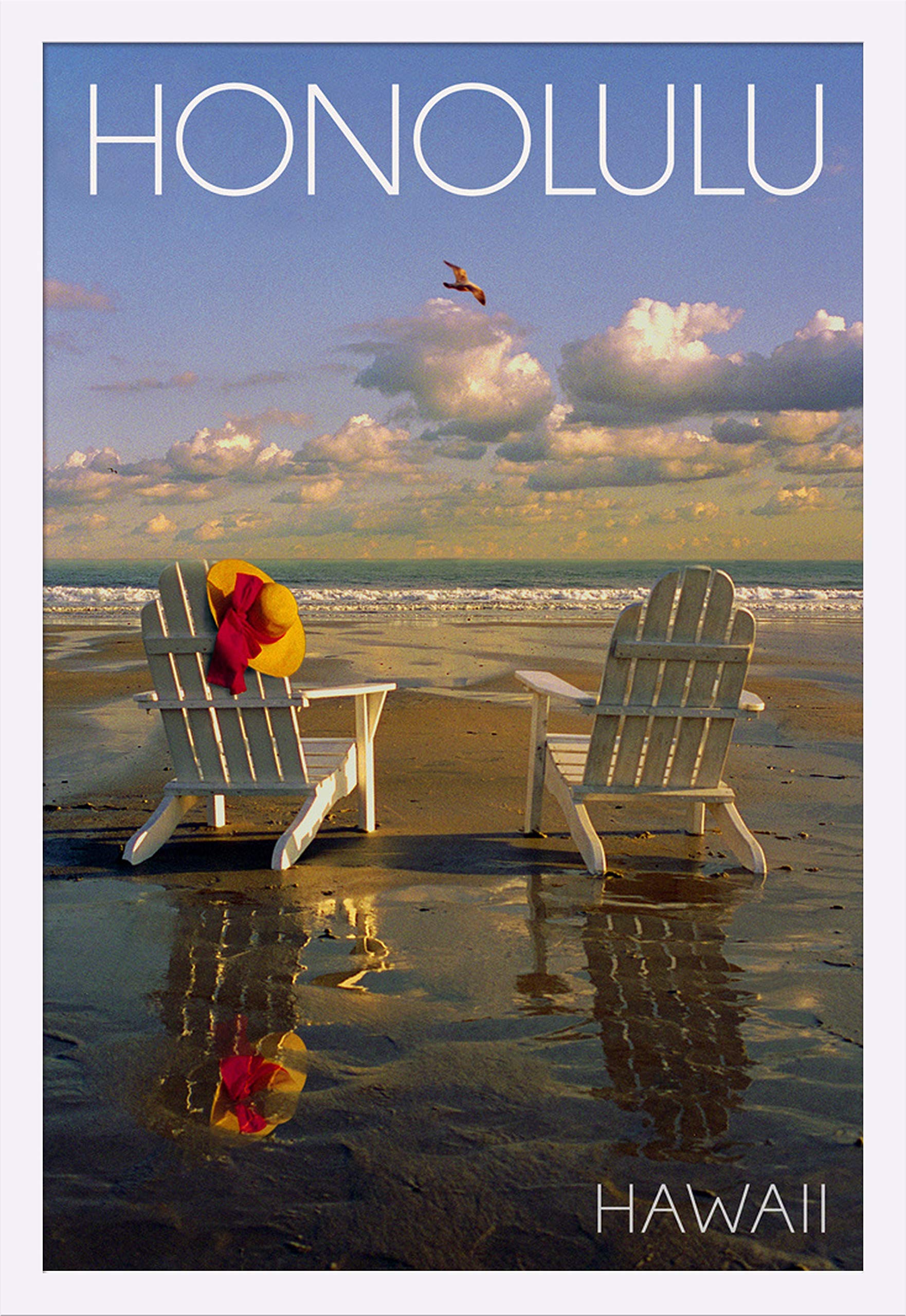 Hawaii Beach Adirondack Chairs Art Print - 24x36 Giclee Gallery Framed in White Wood - Perfect for Coastal Home Decor & Living Room Wall Art