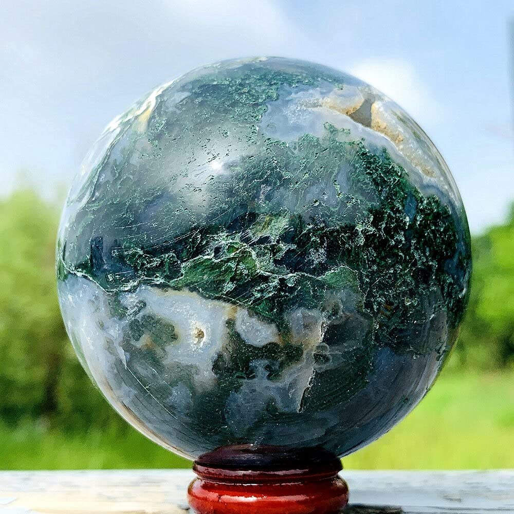 Natural Moss Agate Sphere Crystal Quartz Ball - 500g-550g Healing Stone for Reiki, Meditation & Home Decor | Decorative Mineral Rock for Office Desk, Yoga Space & Gift Giving