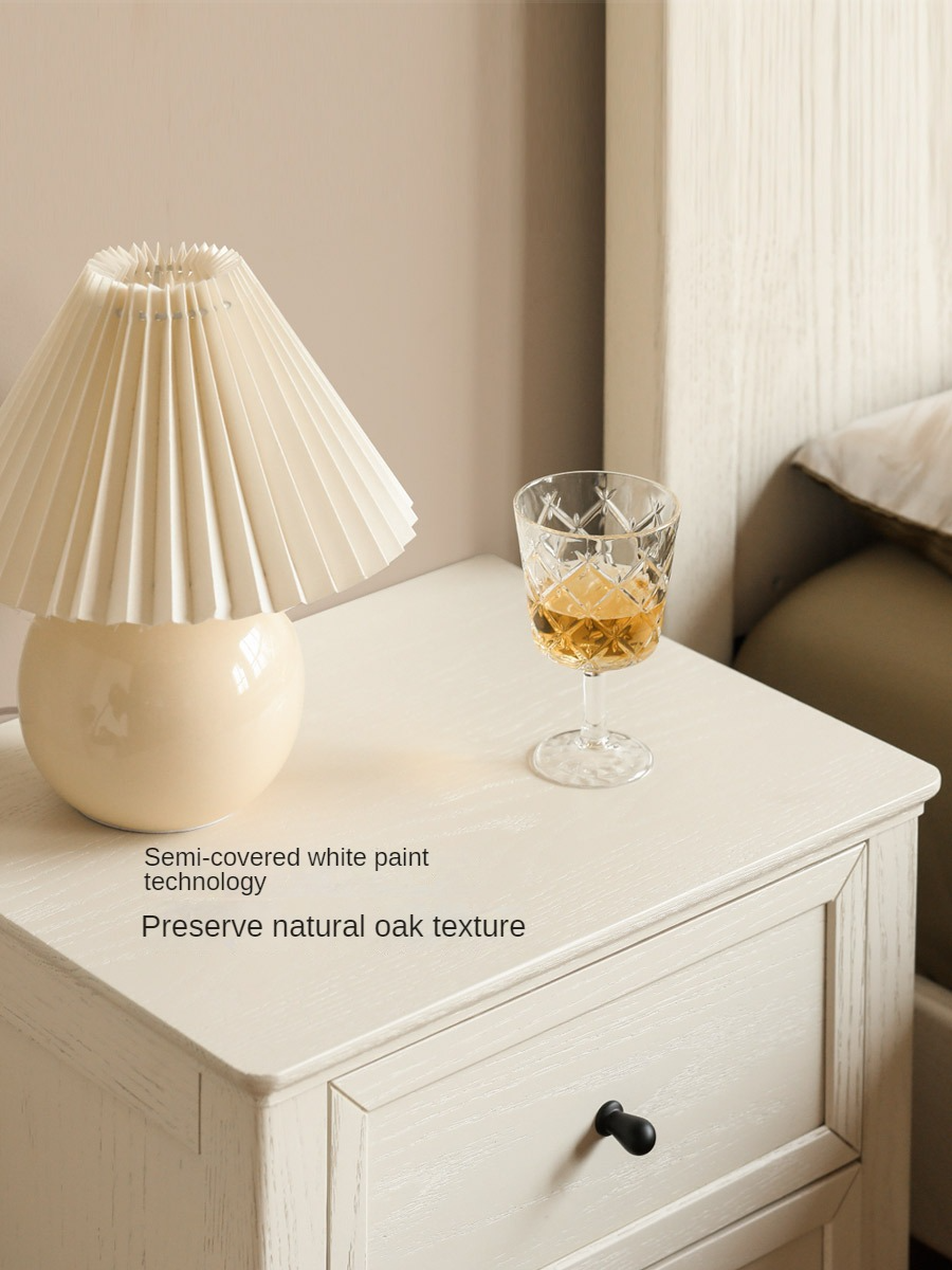 Solid Oak Wood Nightstand - Cream Finish, American Style Bedside Table for Bedroom Decor & Storage