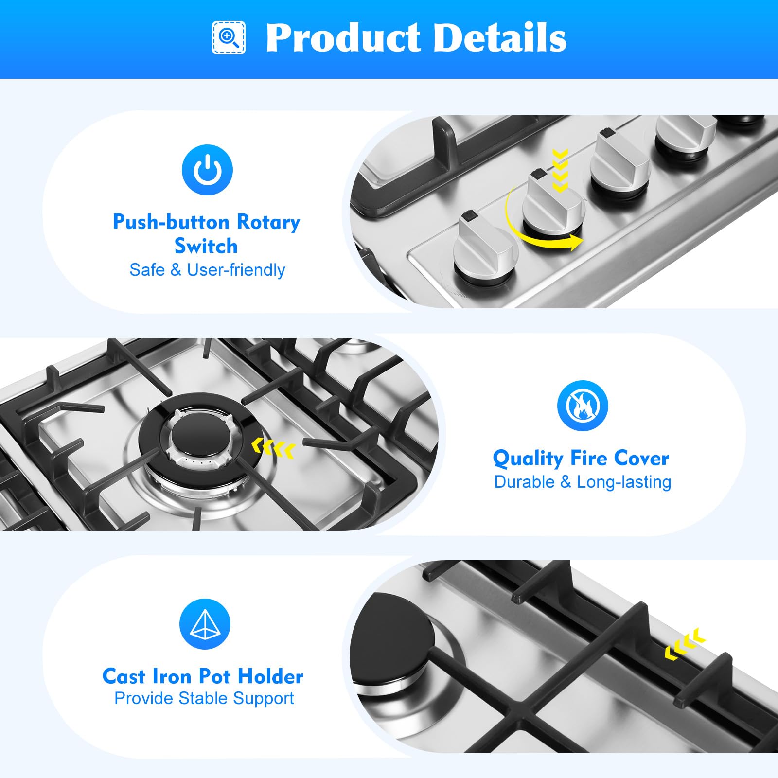 33.8 Inch 5-Burner Built-In Natural Gas Cooktop - Stainless Steel Surface & Cast Iron Grates with Electric Ignition & Flame Failure System (860x500mm) - Perfect for Modern Kitchens, Home Cooking & Professional Chefs
