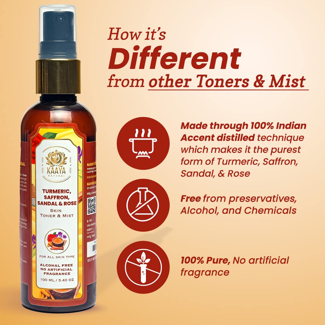 Kaaya Natural Turmeric, Saffron, Sandalwood & Rose Facial Toner Mist - Brightening Face Toner for Glowing Skin, Reduces Scars & Breakouts - 100ml | Hydrating & Refreshing Skin Care for Daily Use, Travel & Post-Workout