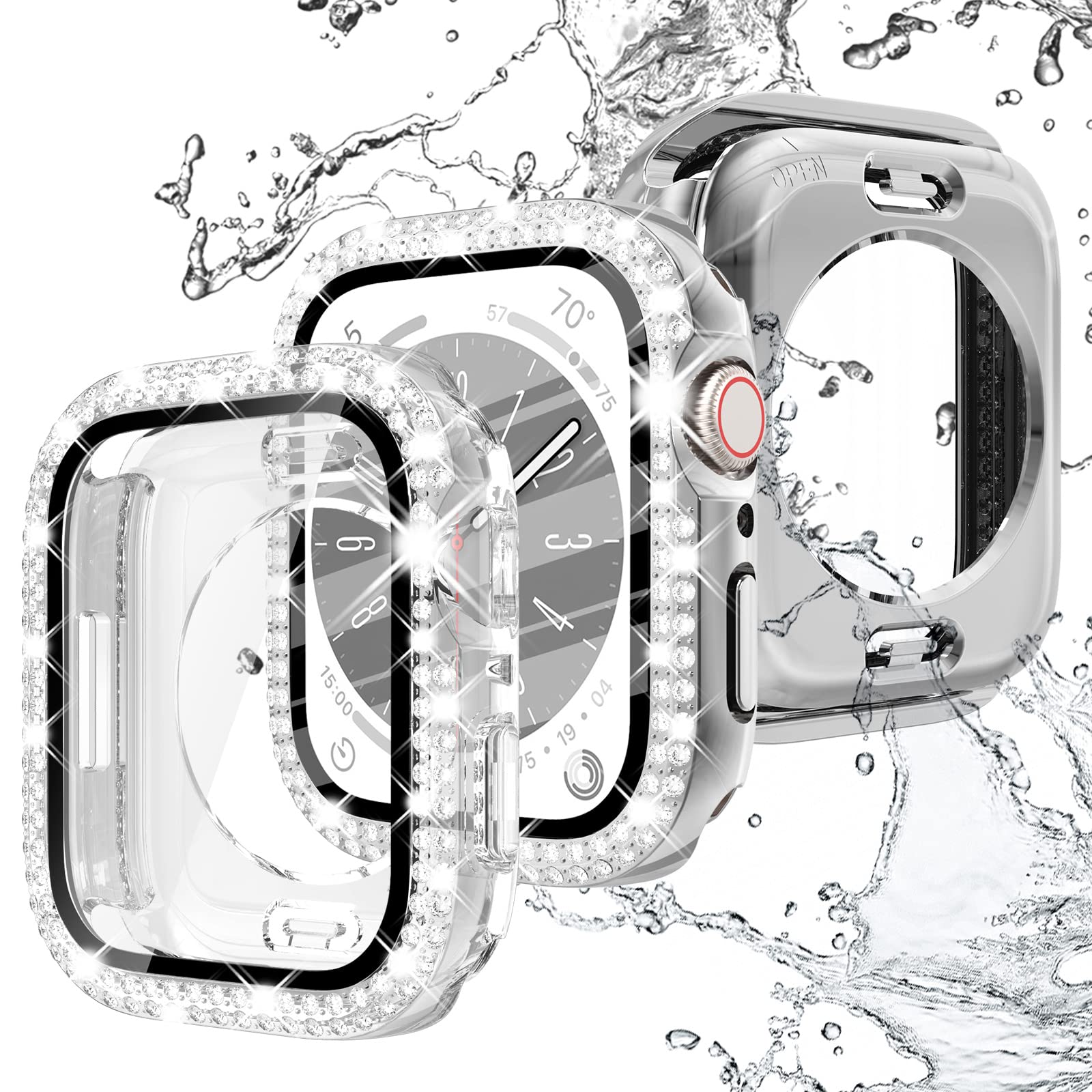 Waterproof Apple Watch Screen Protector Case 2 Pack - Compatible with Series SE/6/5/4 44mm | Diamond Face Cover & Tempered Glass Protection | Silver/Clear Design for Women | Perfect for Swimming, Workouts & Everyday Use