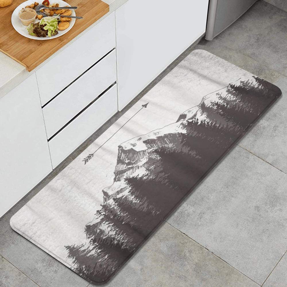 VAMIX Anti-Fatigue Kitchen Rug - Vintage Fir Forest Mountain Sketch Design, Non-Slip Oil Resistant Easy Clean Floor Mat for Cooking, Baking & Dishwashing Areas