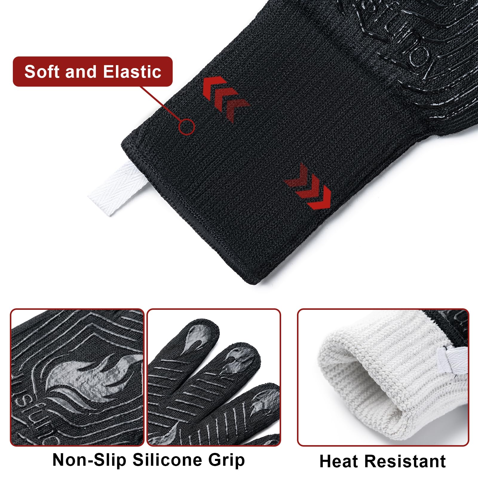 Heat Resistant BBQ Gloves - Non-Slip Grilling & Oven Mitts for Outdoor Cooking, Baking, Smoking - Extra Long Kitchen Gloves (1 Pair, Black) - Perfect for Backyard Barbecues, Campfire Cooking & Hot Food Handling